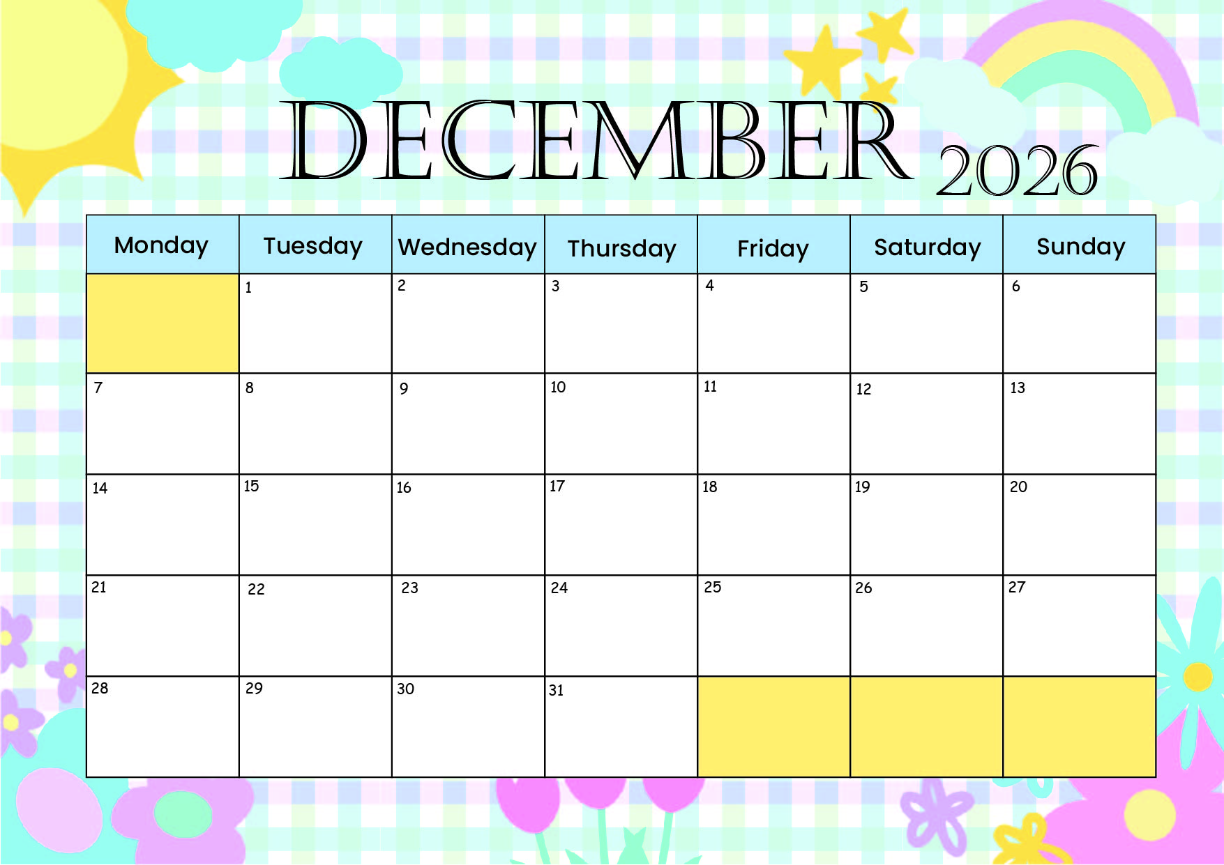 December 2026 Calendar for Printing