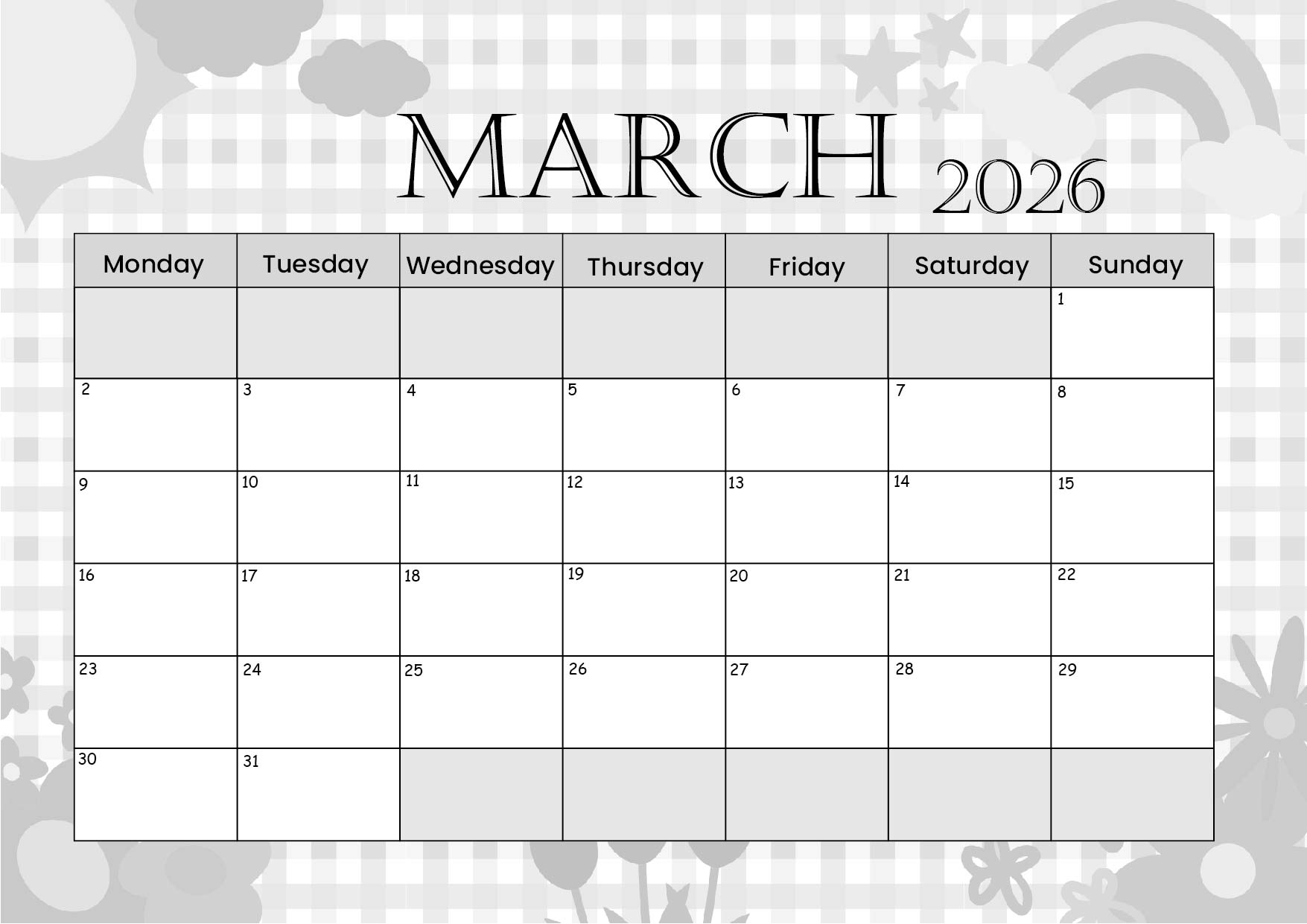 March 2026 Calendar for Printing