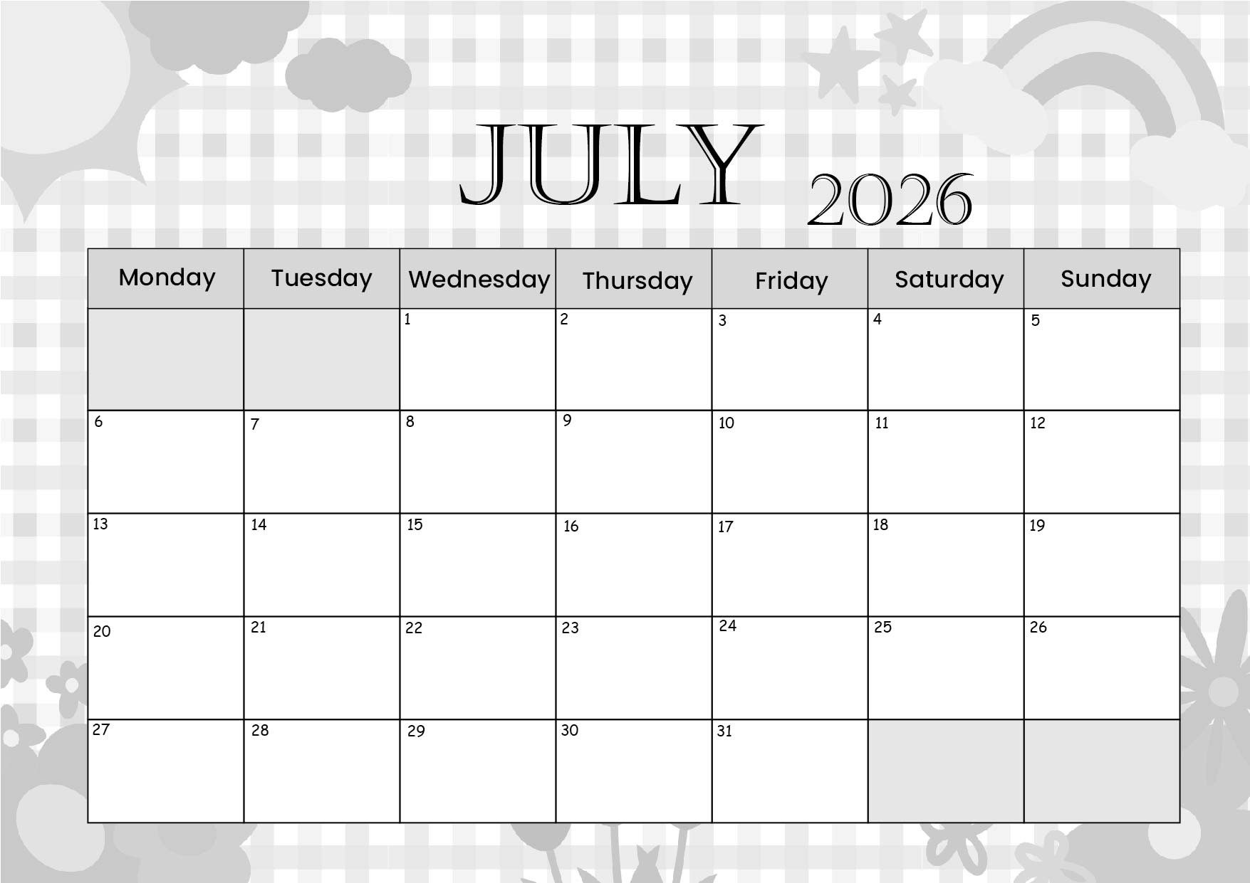 July 2026 Calendar for Printing