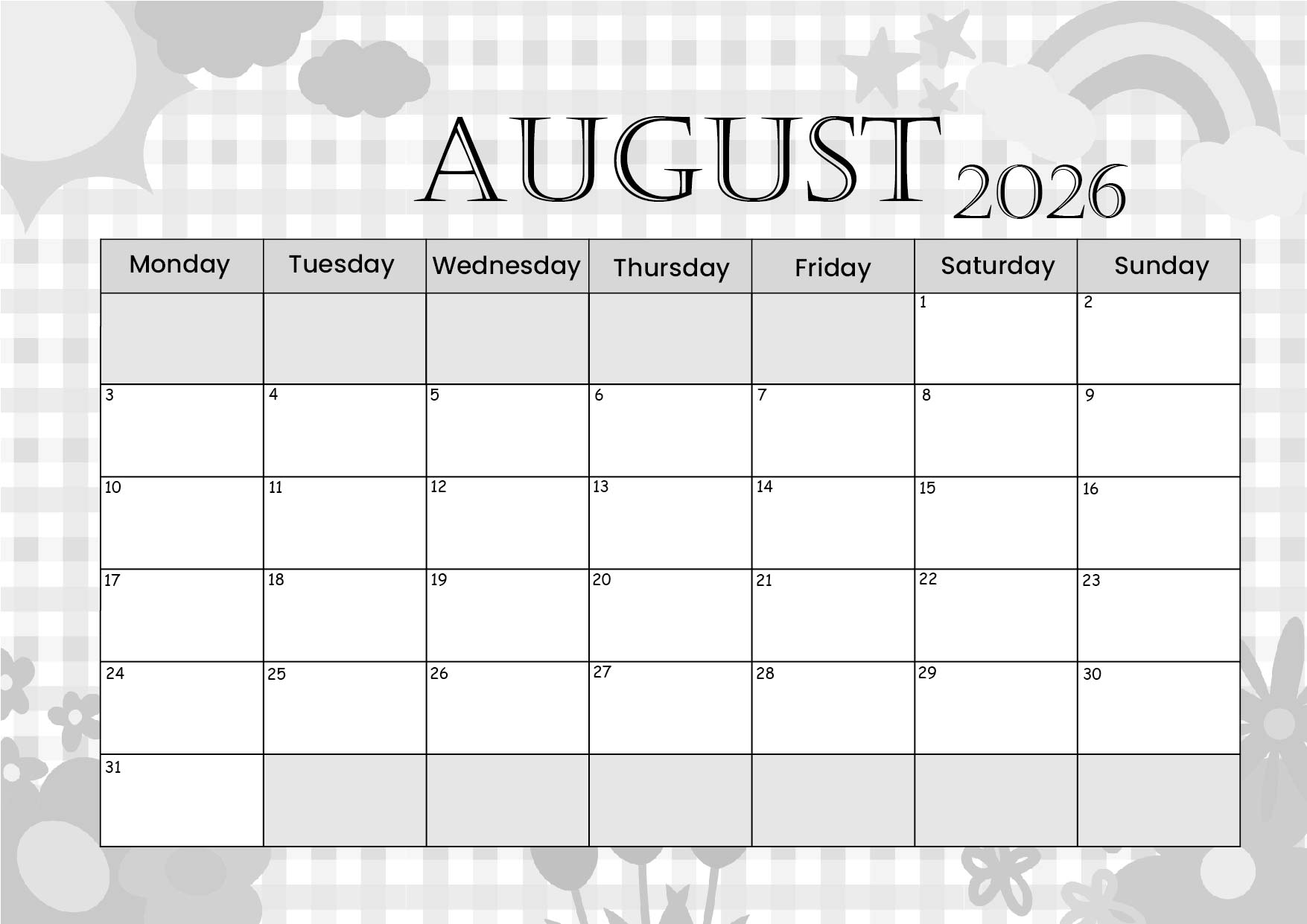 August 2026 Calendar for Printing in PDF