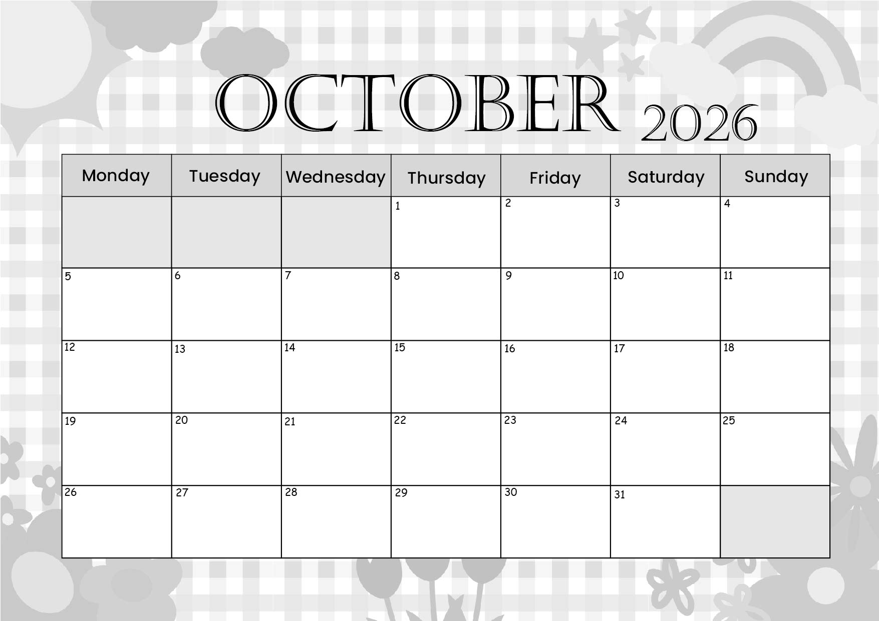 October 2026 Calendar for Printing