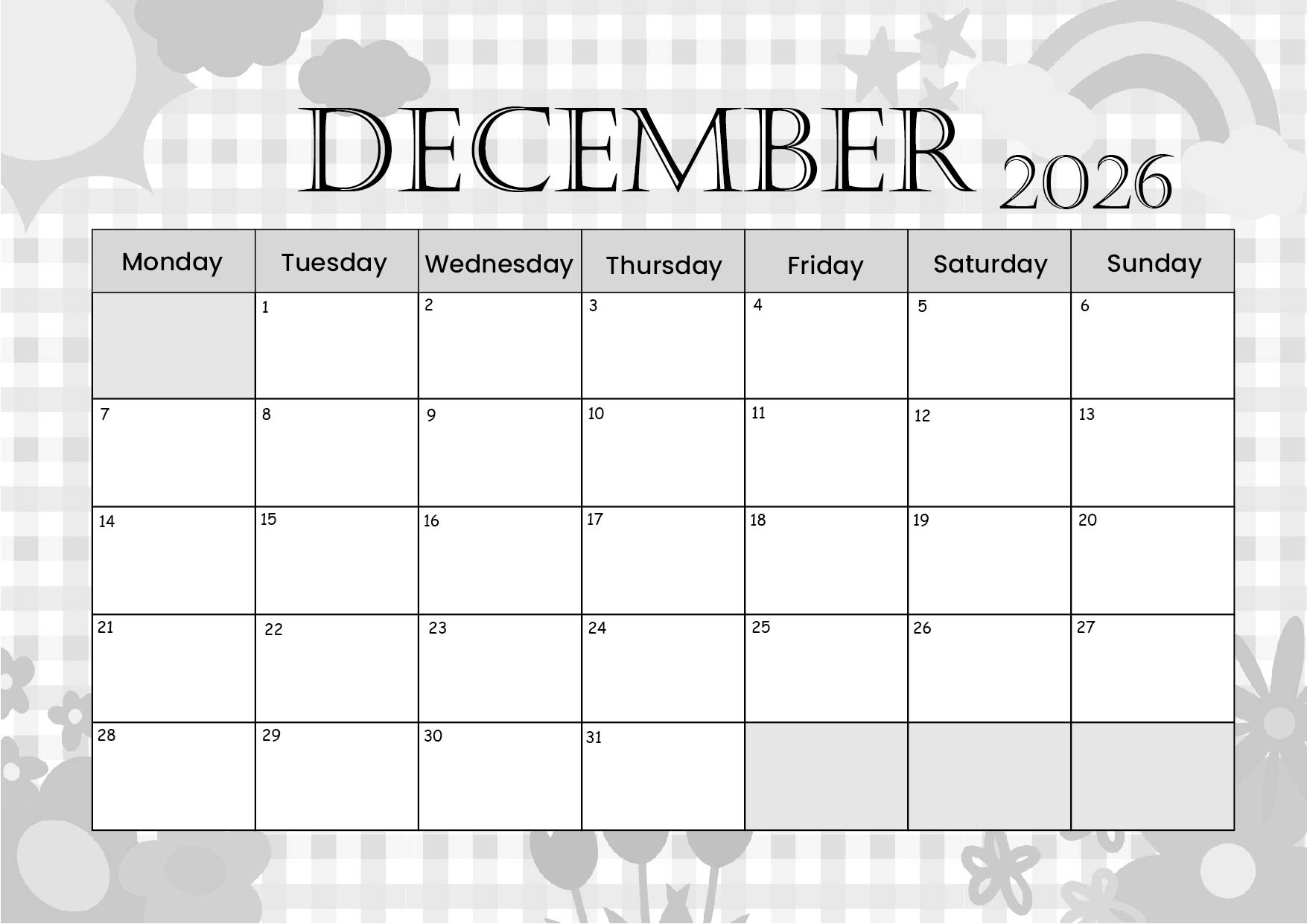 December 2026 Calendar for Printing