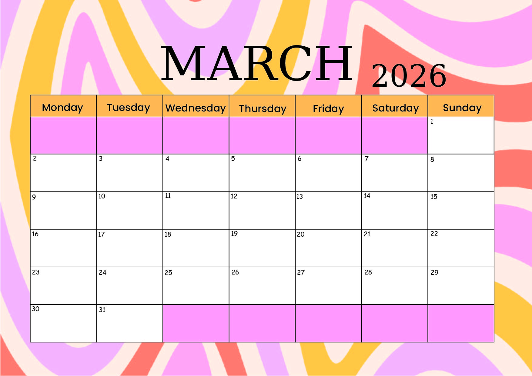 March 2026 Calendar for Printing
