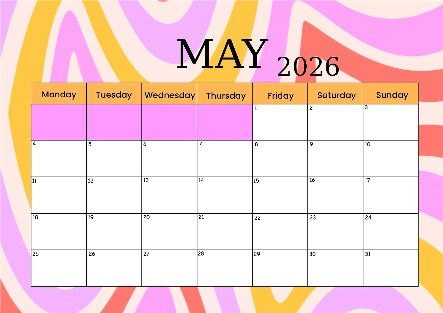 May 2026 Calendar for Printing
