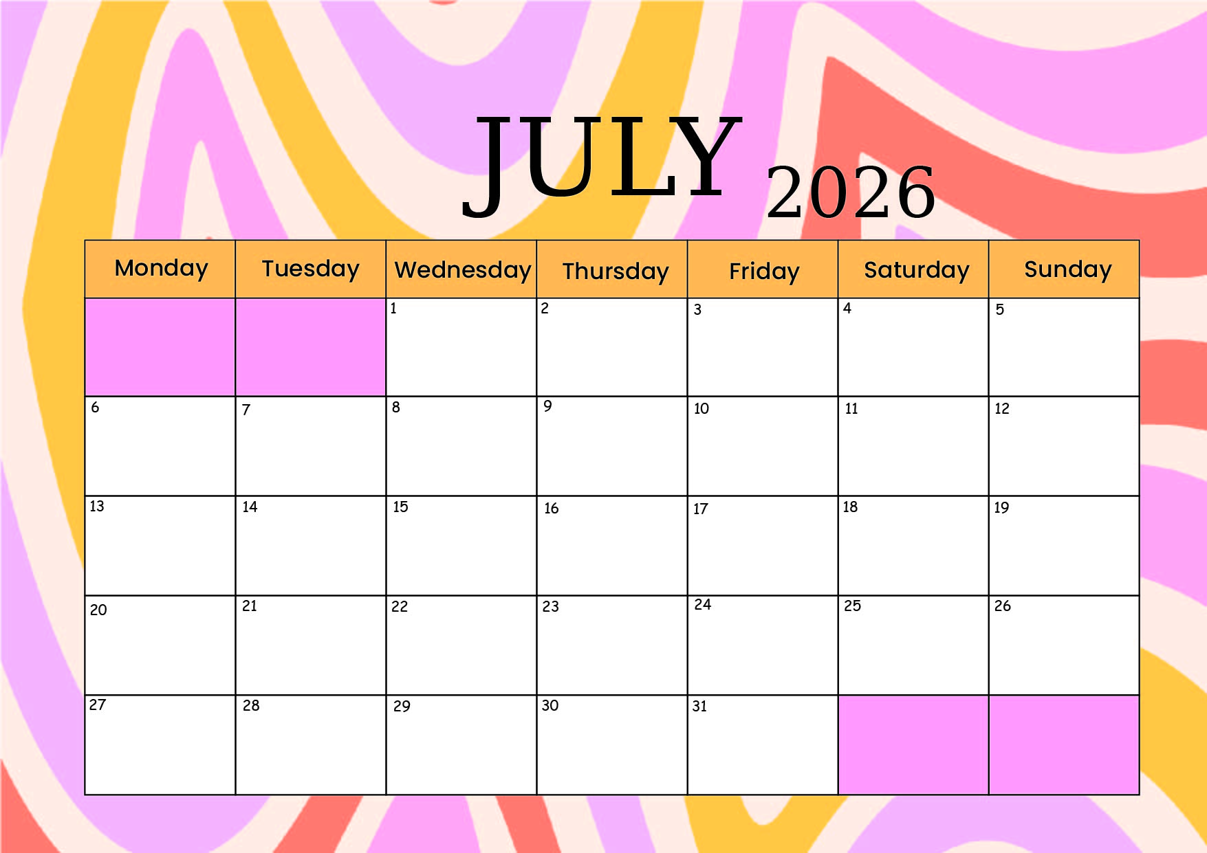 July 2026 Calendar for Printing