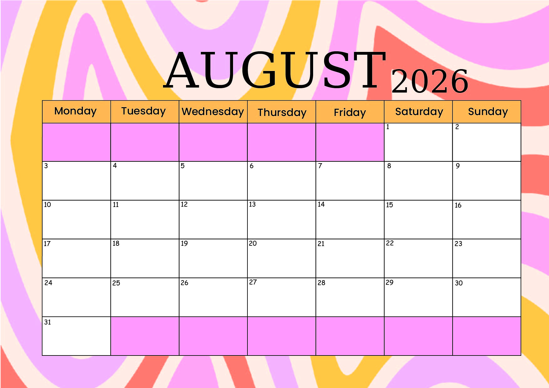 August 2026 Calendar for Printing in PDF