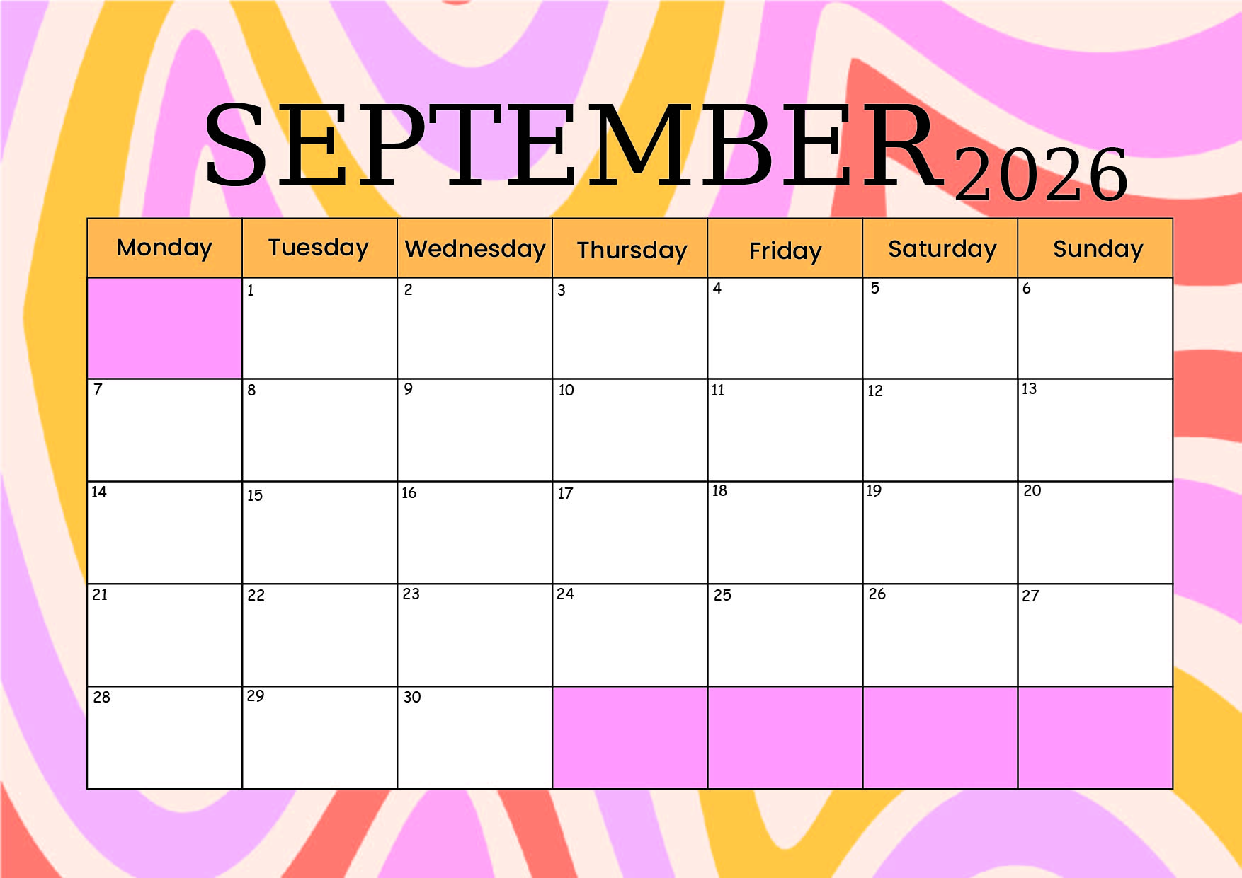 September 2026 Calendar for Printing