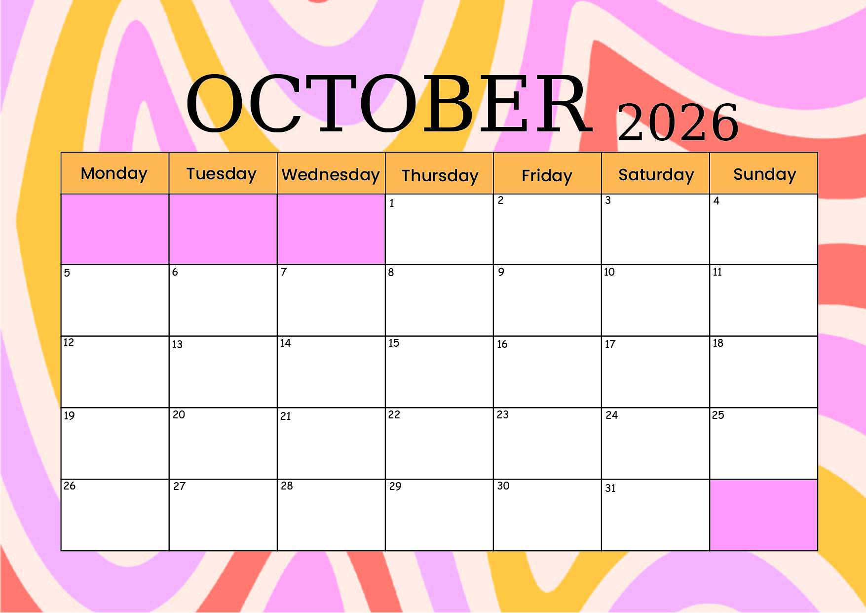 October 2026 Calendar for Printing in PDF