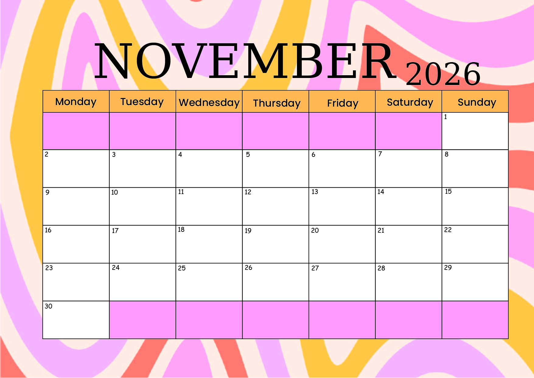 November 2026 Calendar for Printing in PDF