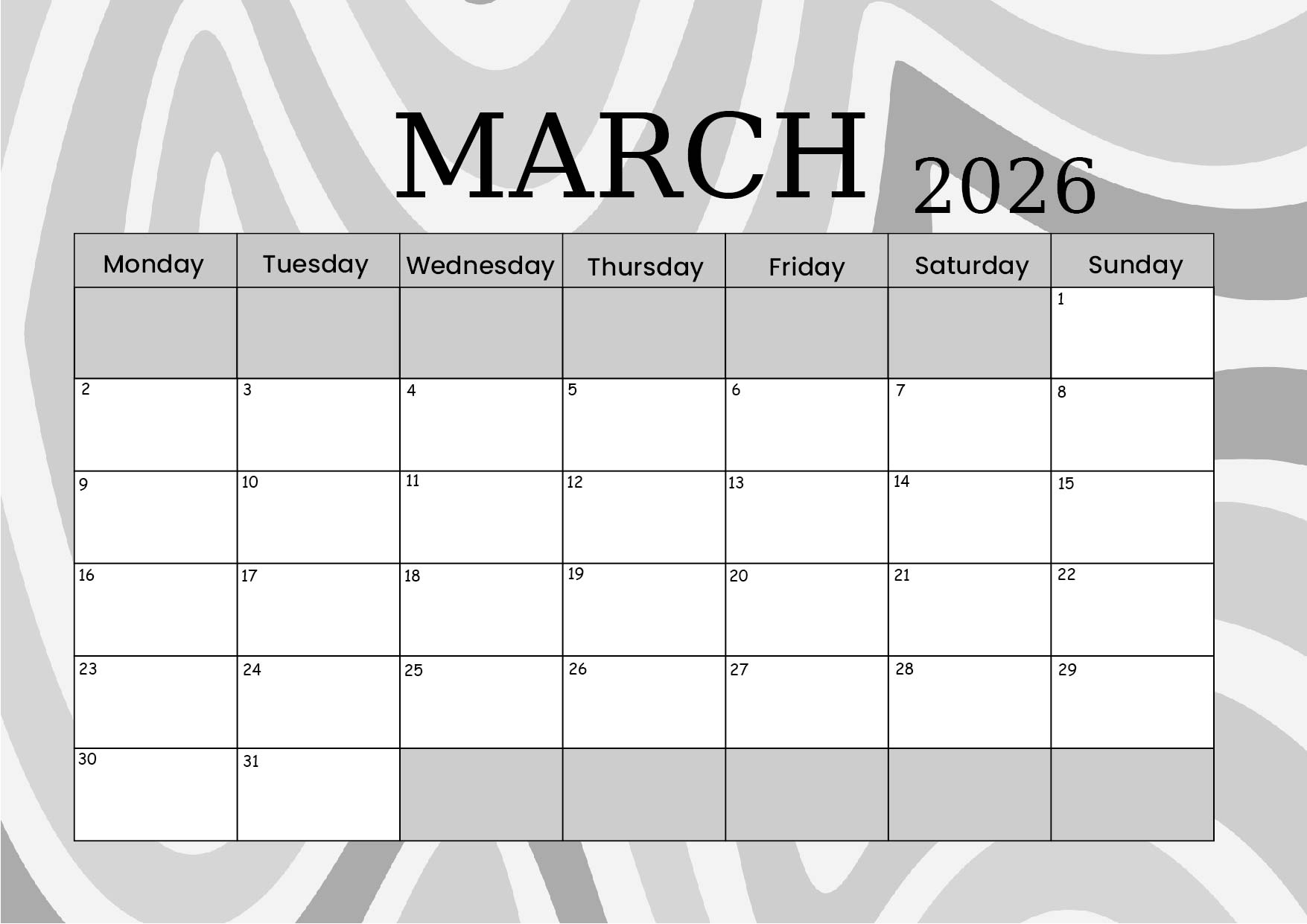 March 2026 Calendar for Printing