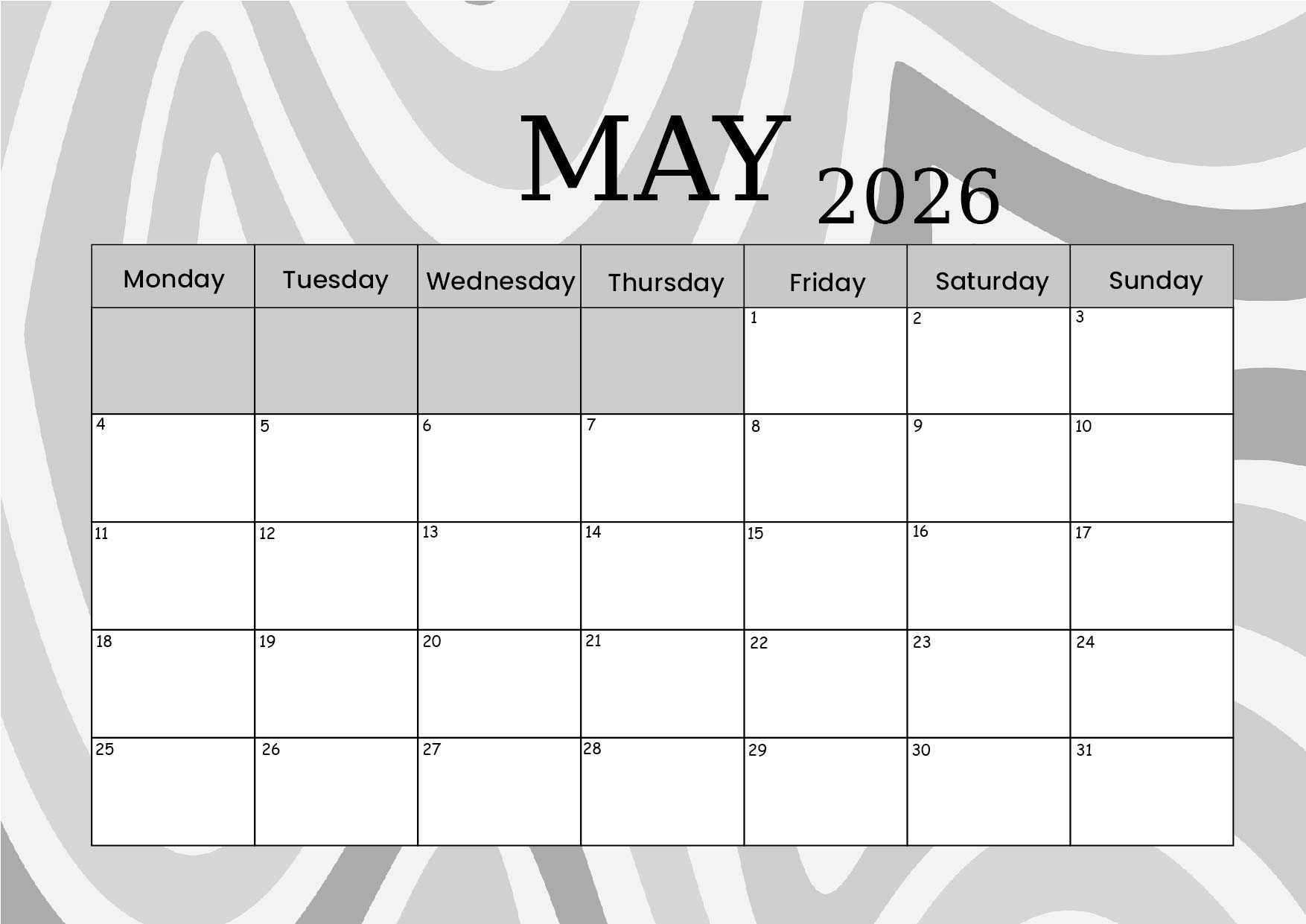 May 2026 Calendar for Printing
