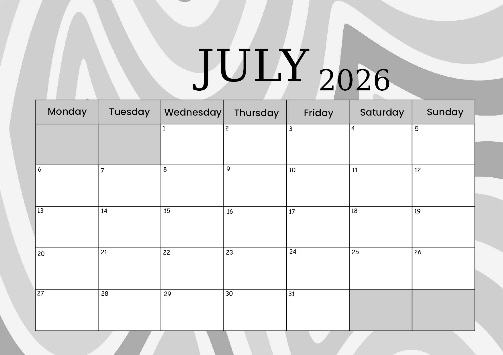 July 2026 Calendar for Printing