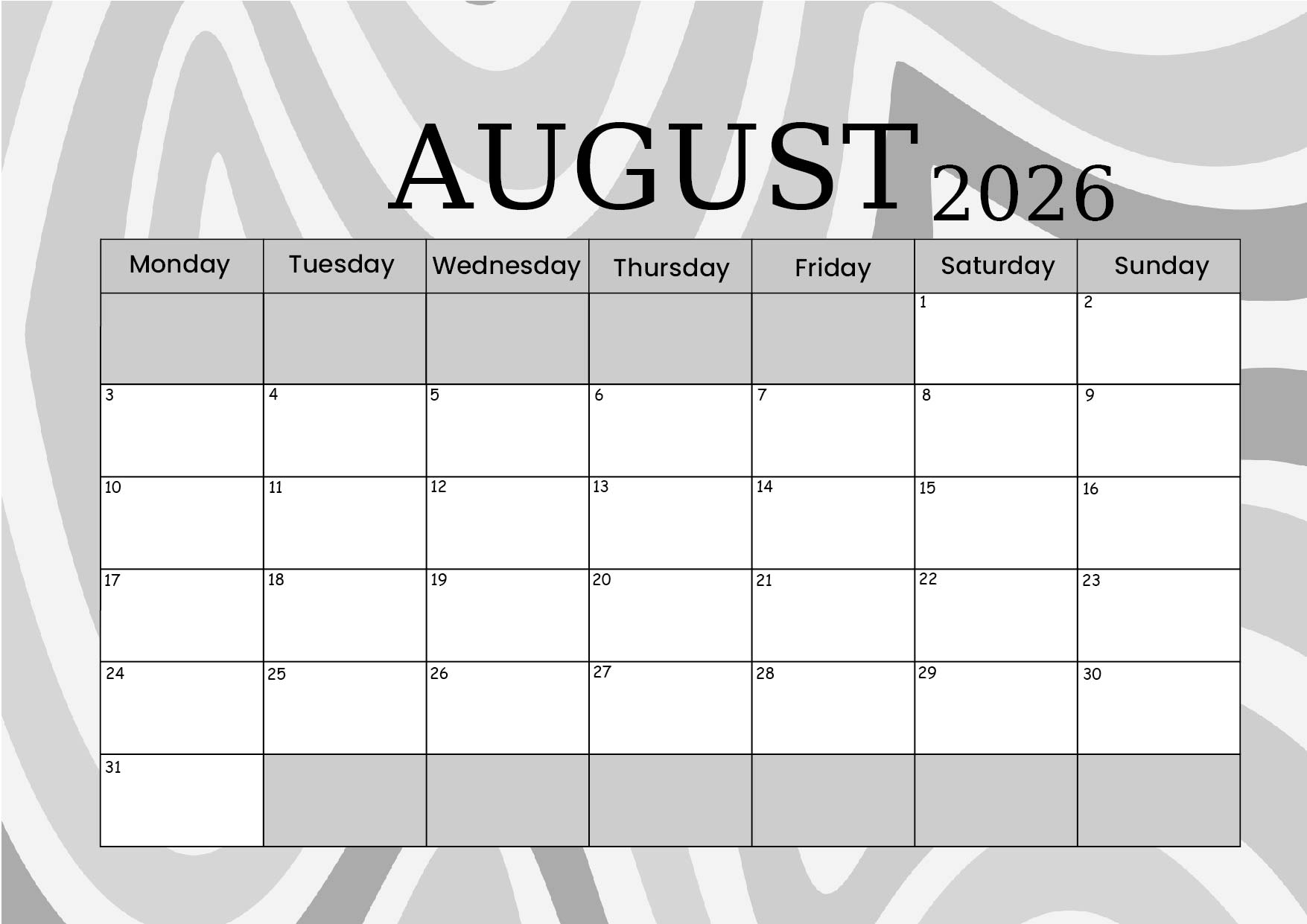 August 2026 Calendar for Printing in PDF