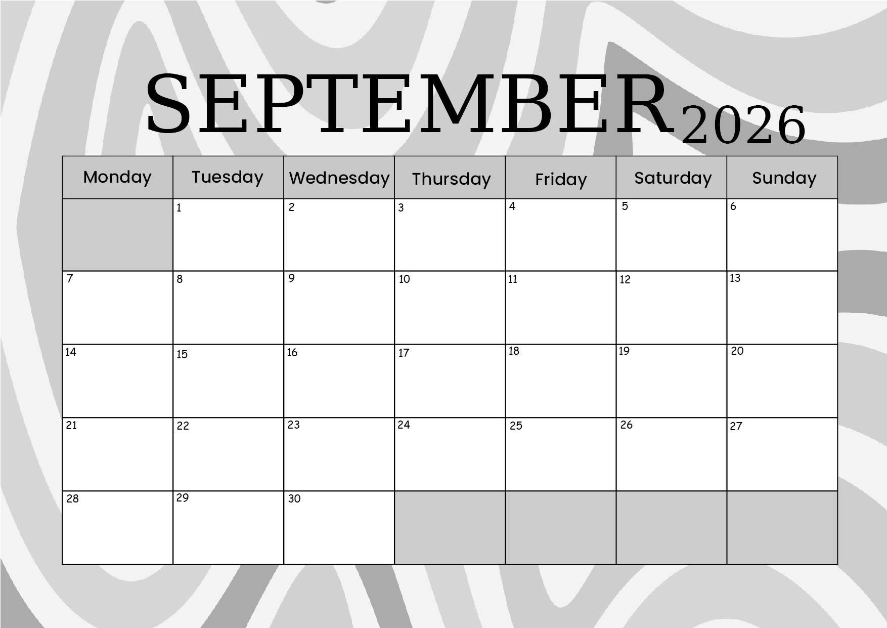 September 2026 Calendar for Printing