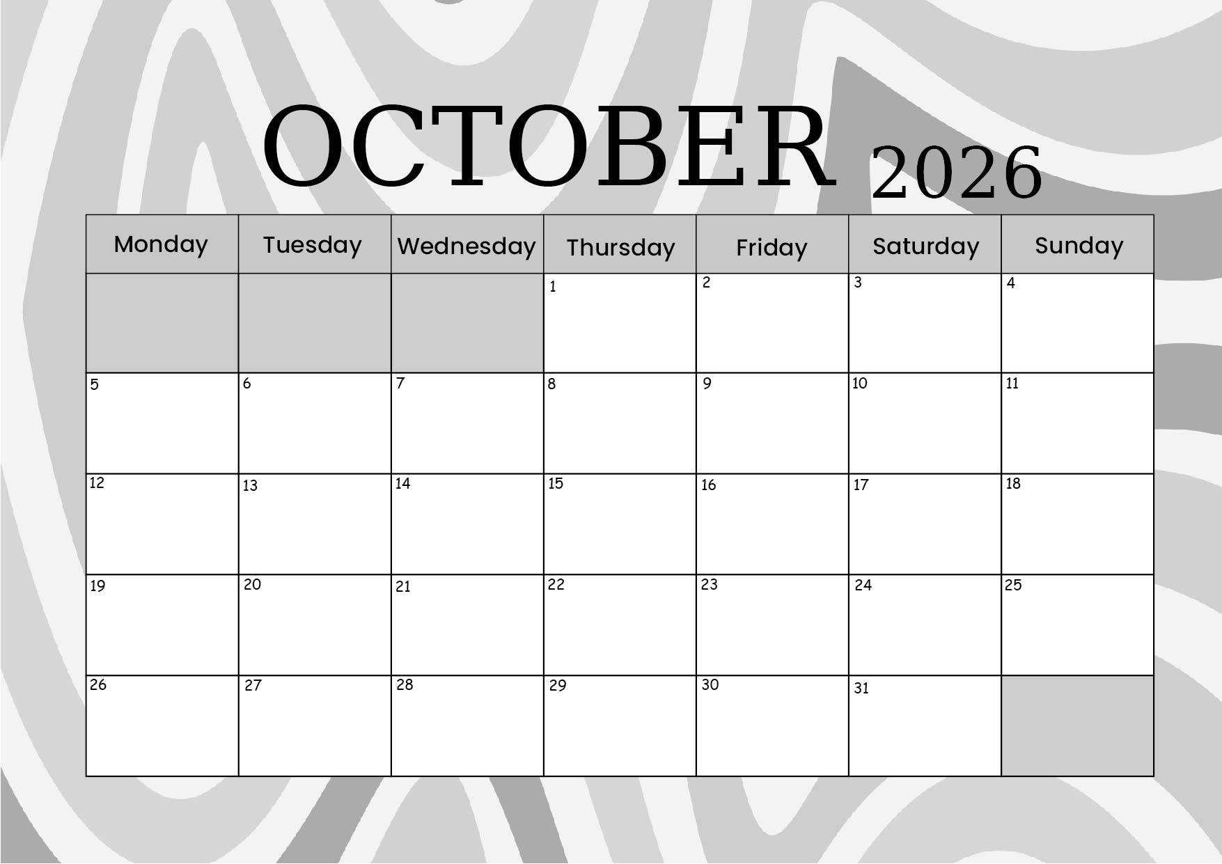 October 2026 Calendar for Printing in PDF