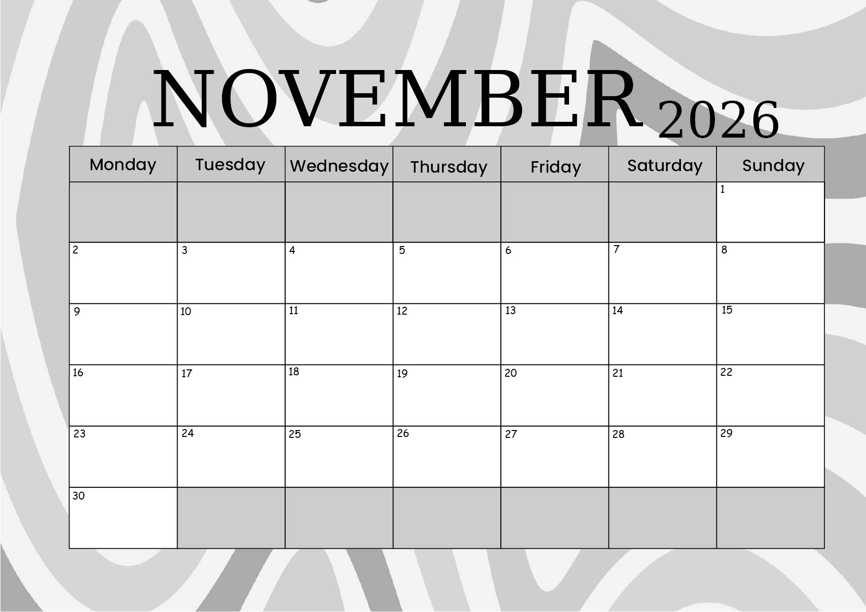 November 2026 Calendar for Printing in PDF