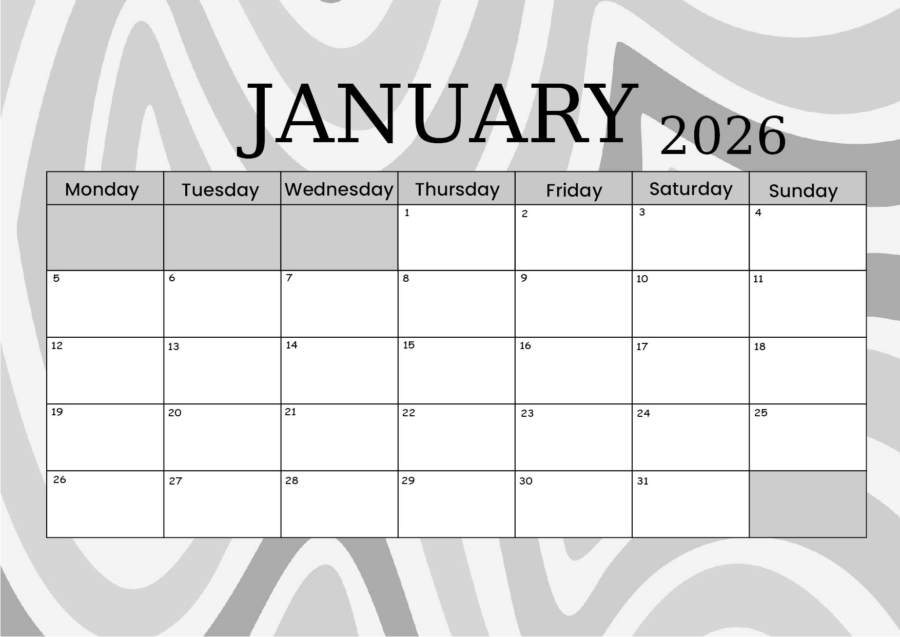 January 2026 Calendar for Printing