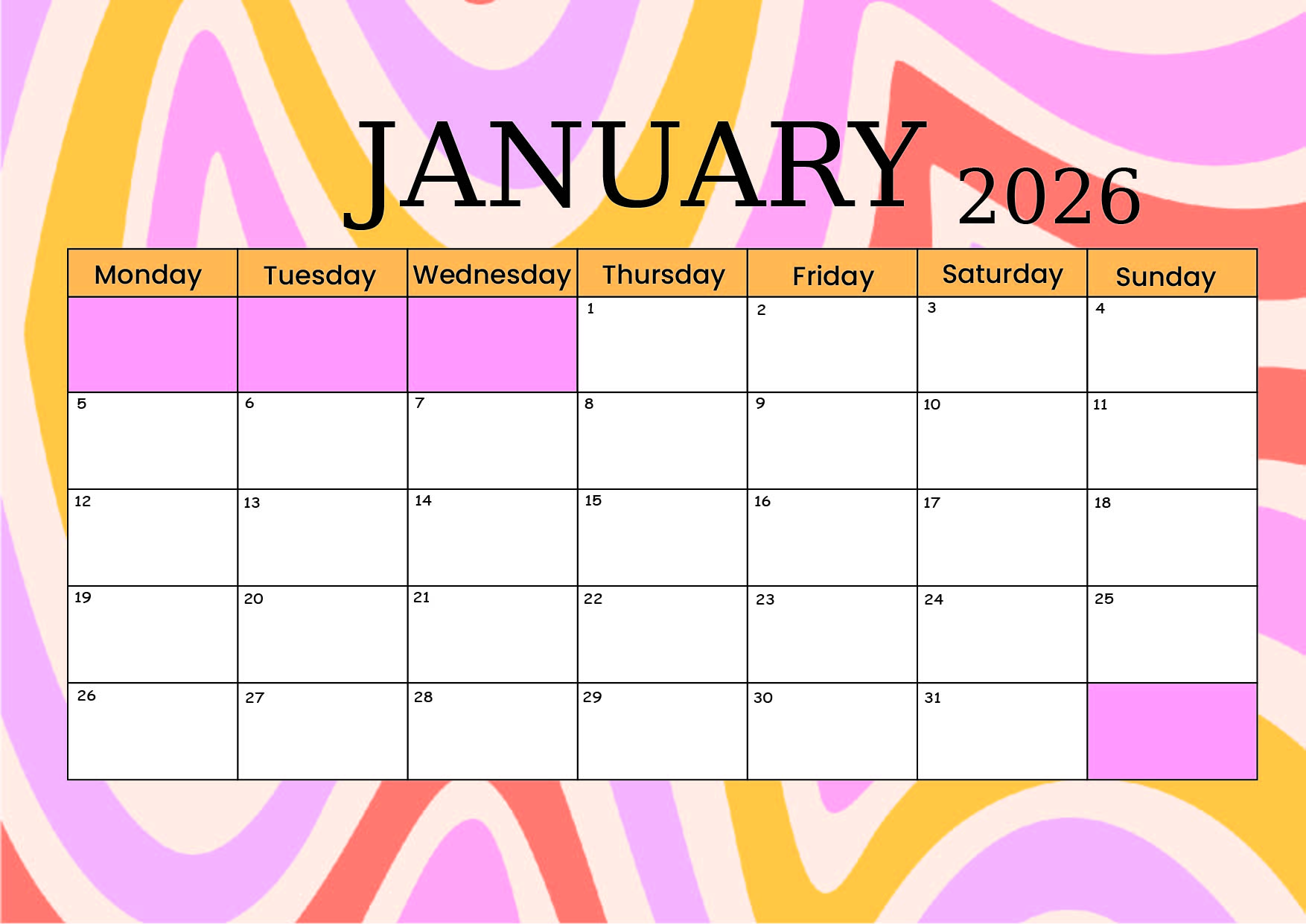 January 2026 Calendar for Printing