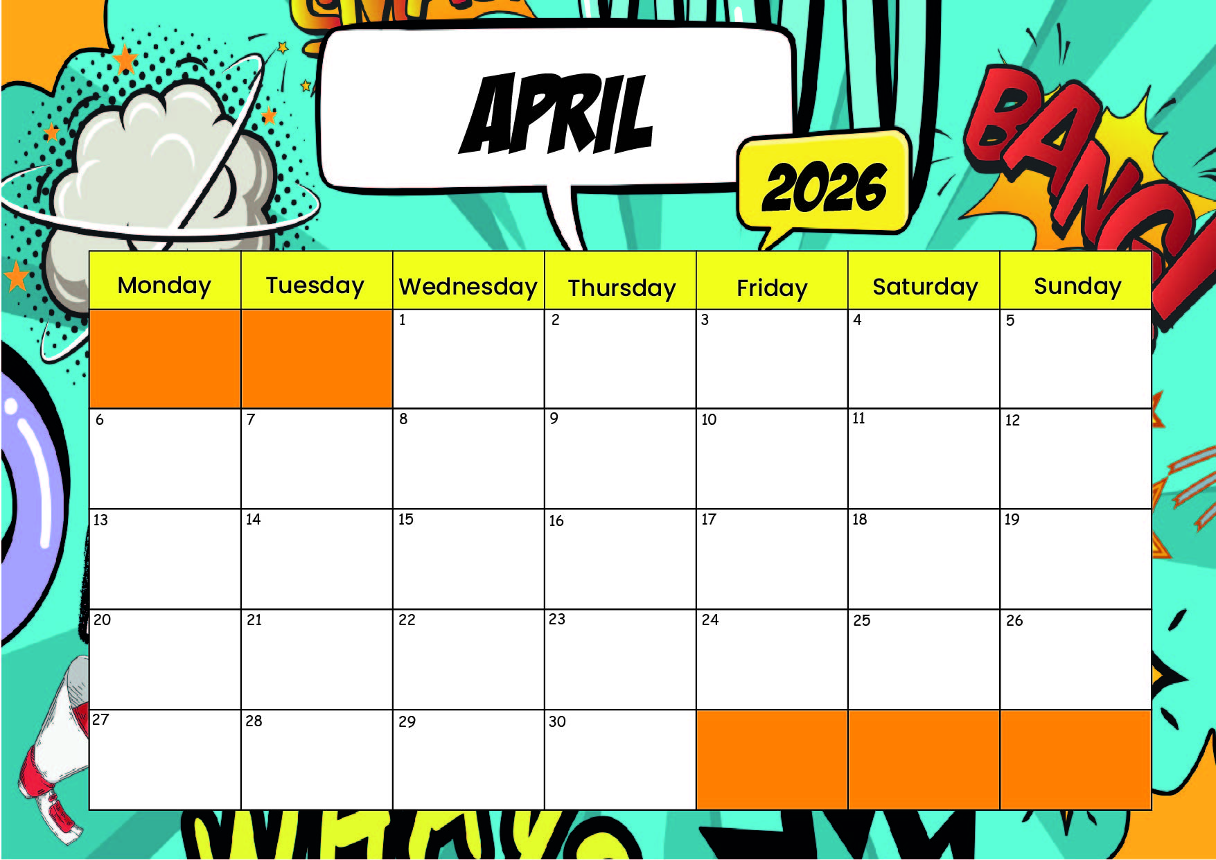 April 2026 Calendar for Printing in PDF