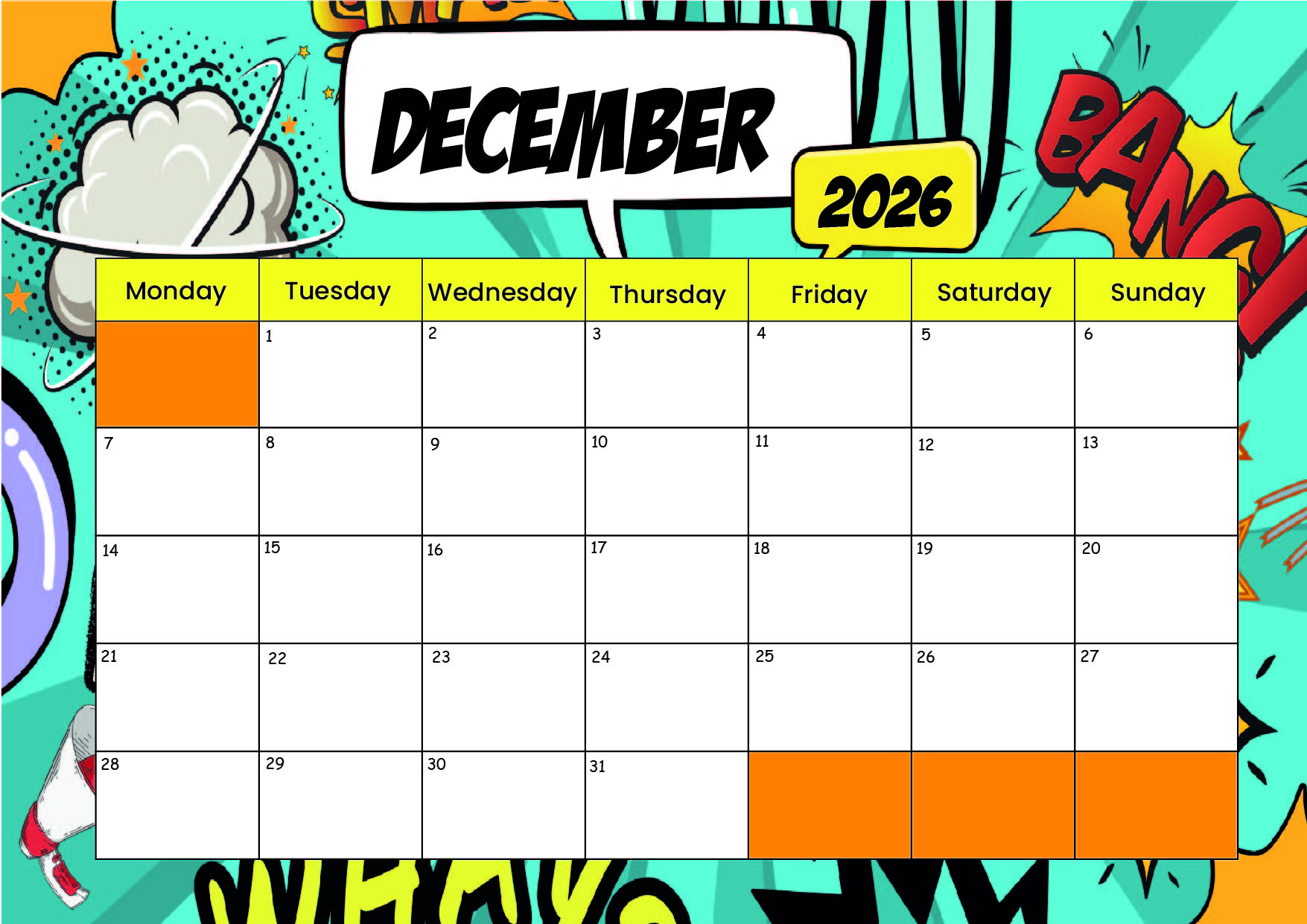 December 2026 Calendar for Printing
