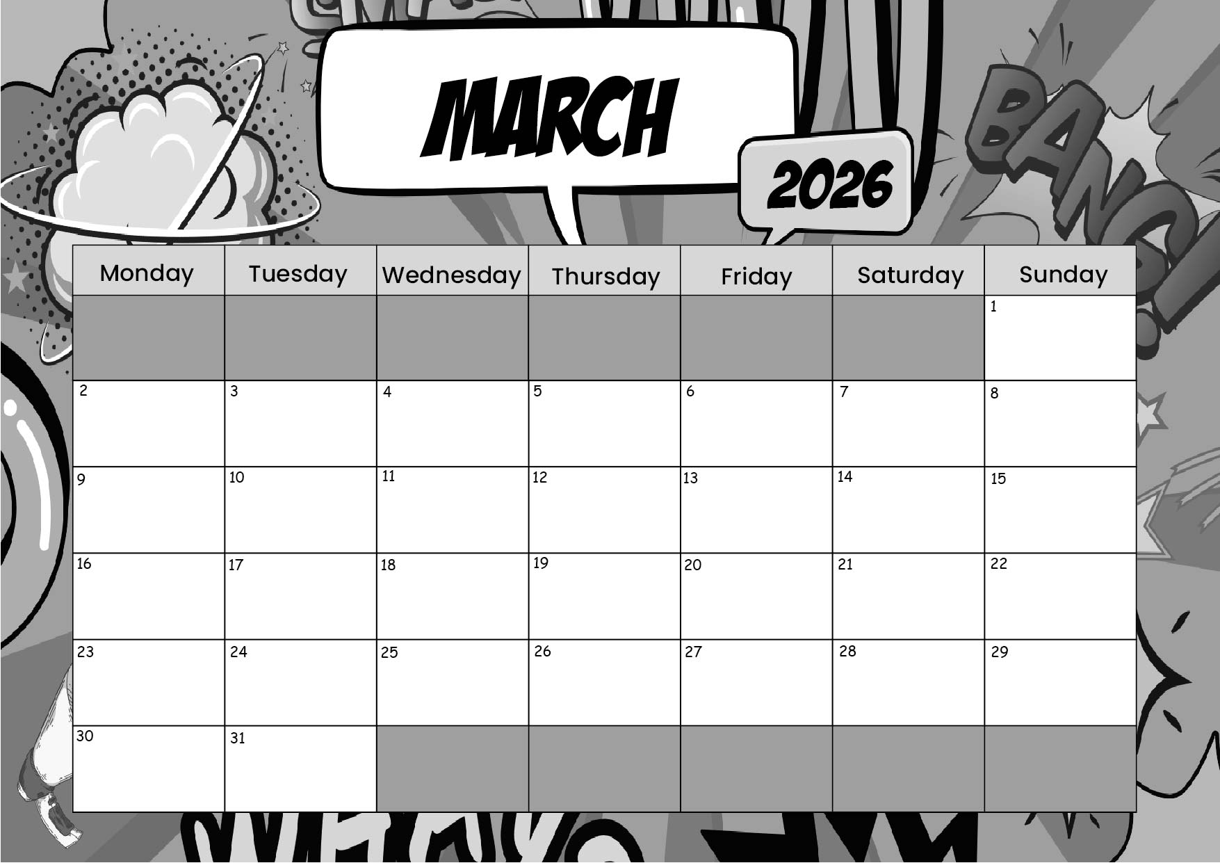 March 2026 Calendar for Printing