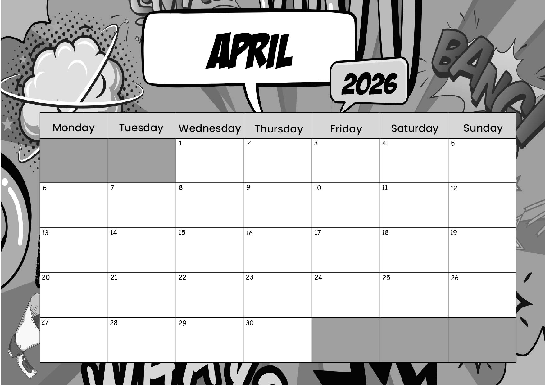 April 2026 Calendar for Printing in PDF