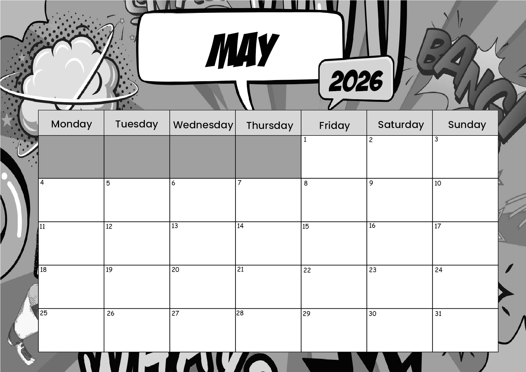 May 2026 Calendar for Printing