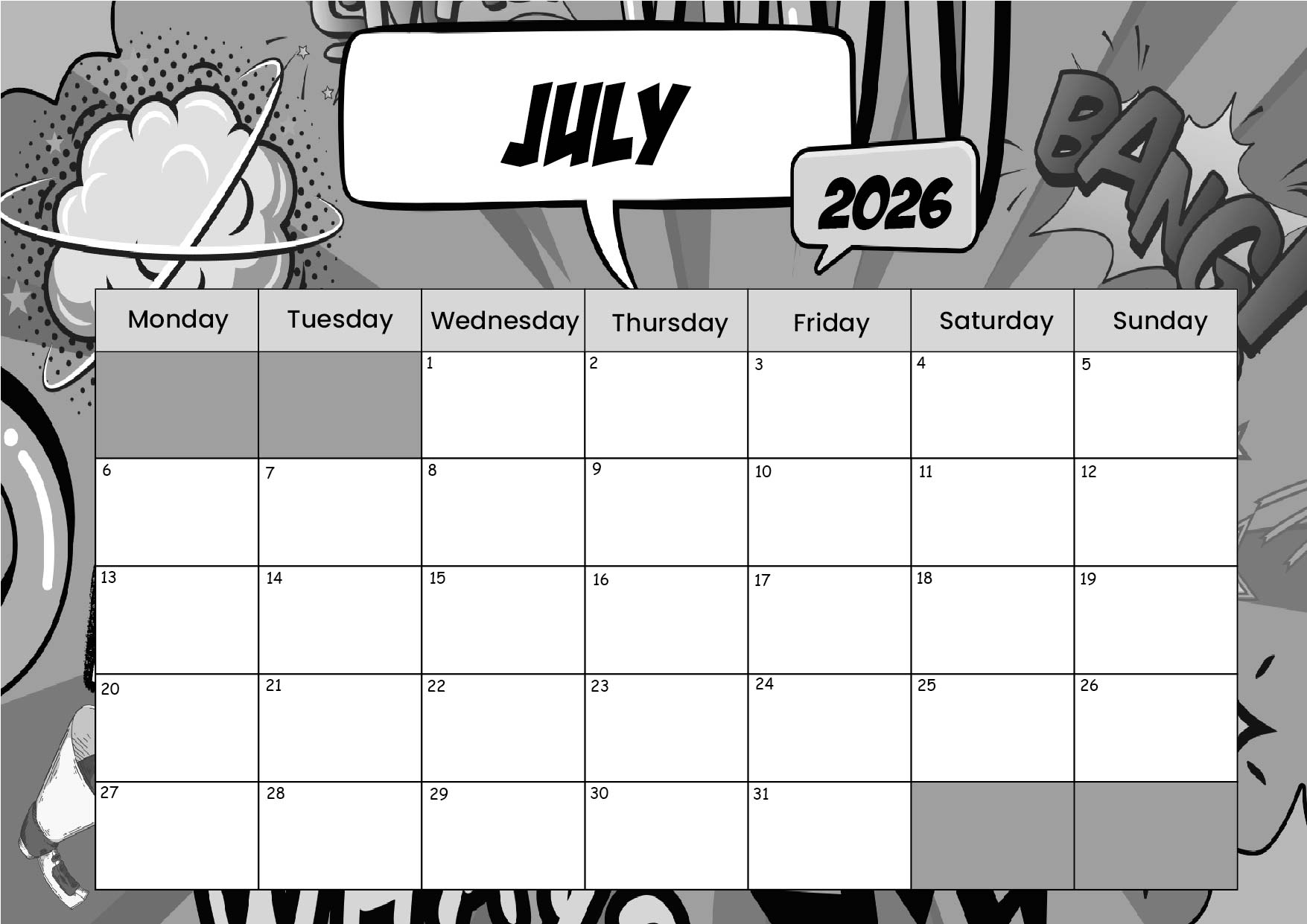 July 2026 Calendar for Printing