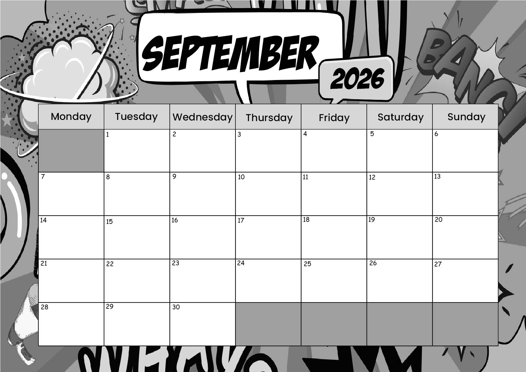 September 2026 Calendar for Printing in PDF