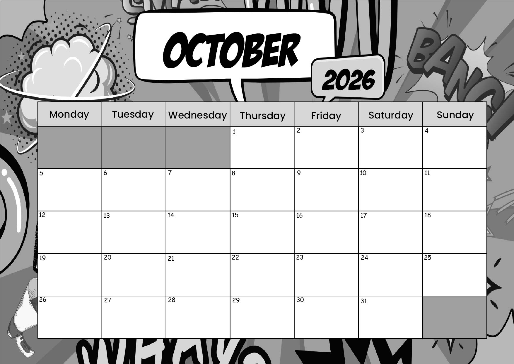 October 2026 Calendar for Printing