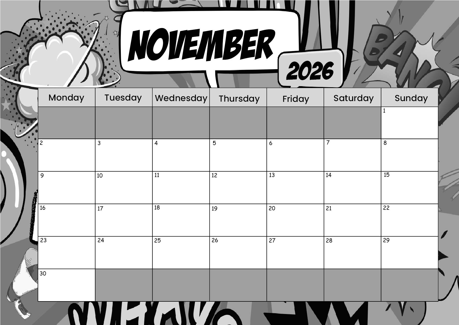 November 2026 Calendar for Printing in PDF
