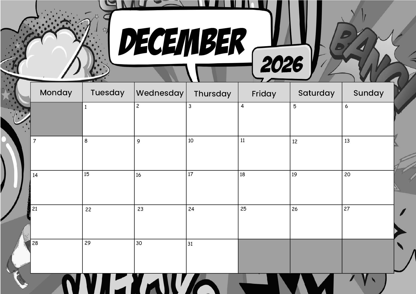 December 2026 Calendar for Printing