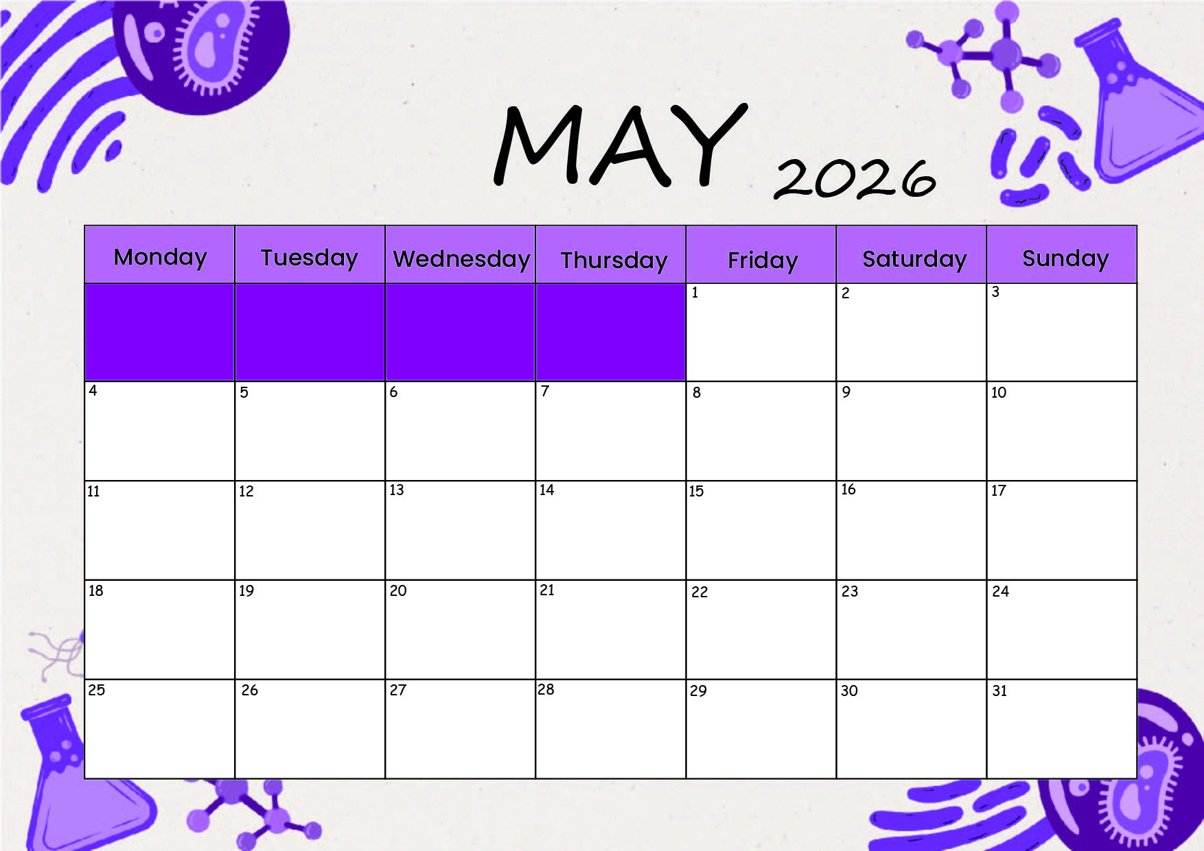 May 2026 Calendar for Printing