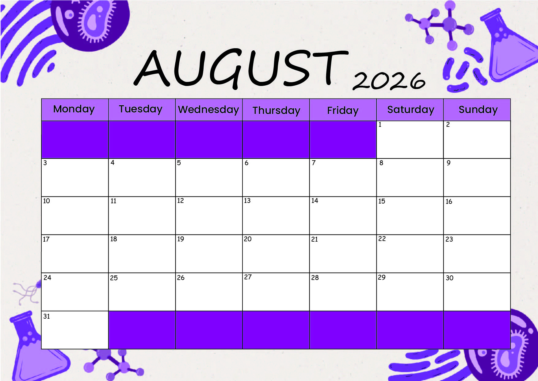 August 2026 Calendar for Printing in PDF