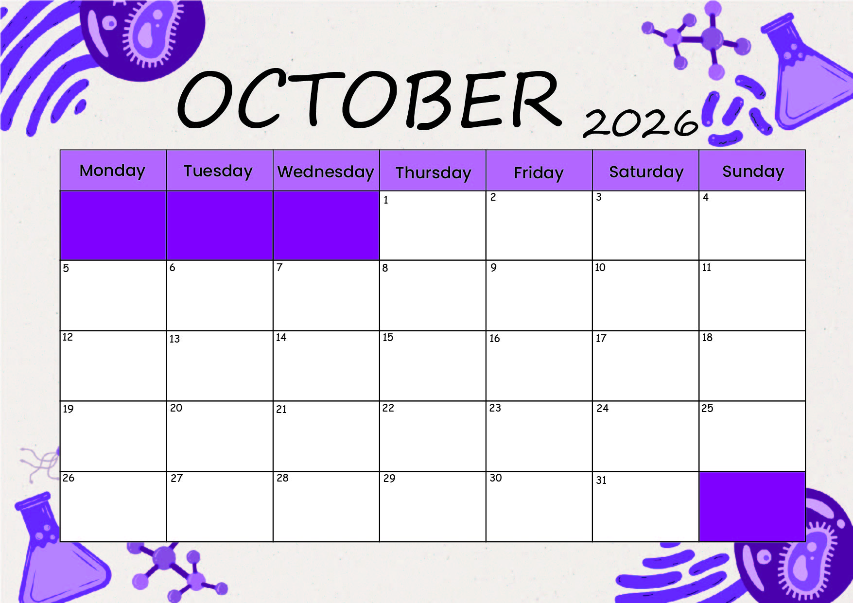 October 2026 Calendar for Printing in PDF