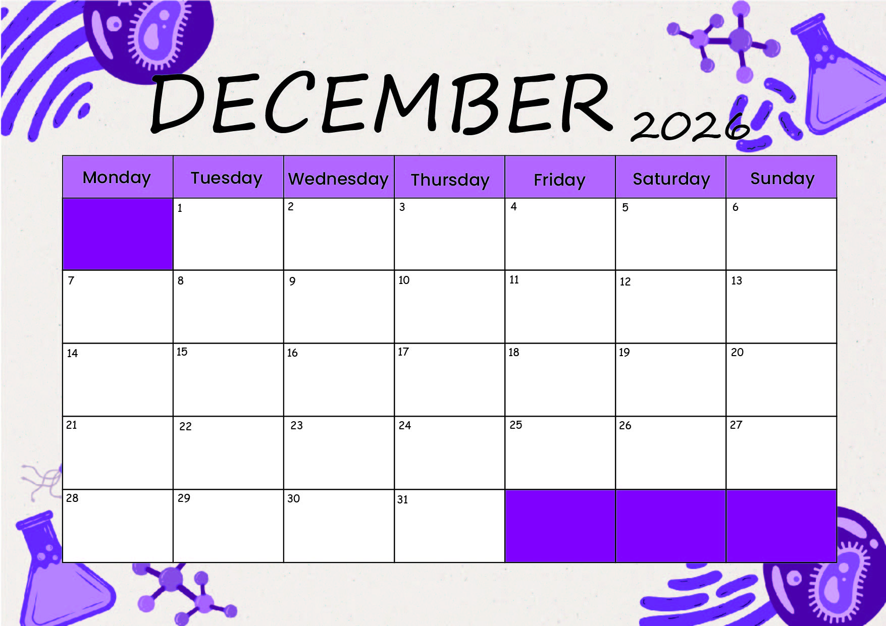 December 2026 Calendar for Printing