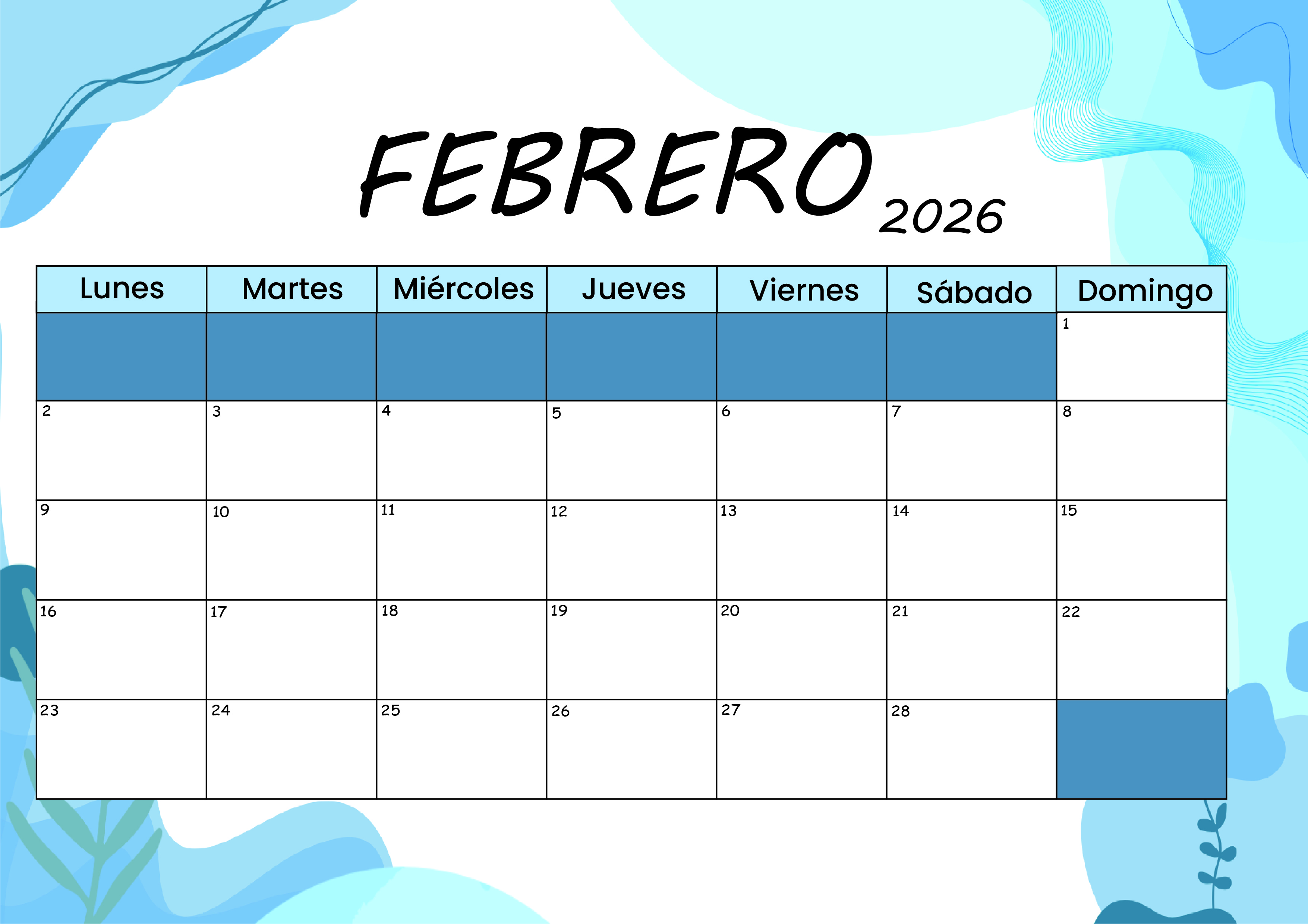 Calendario Febrero 2026 para imprimir