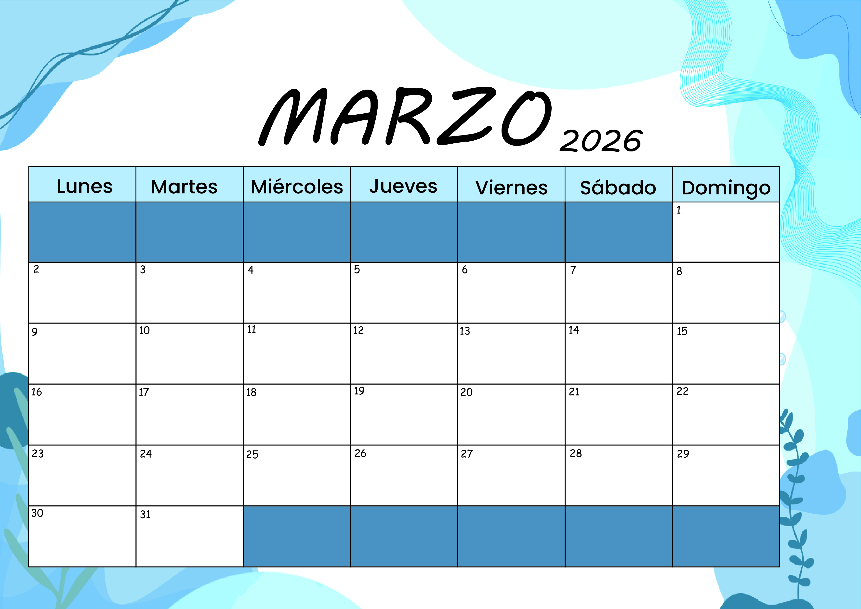 Calendario Marzo 2026 para imprimir