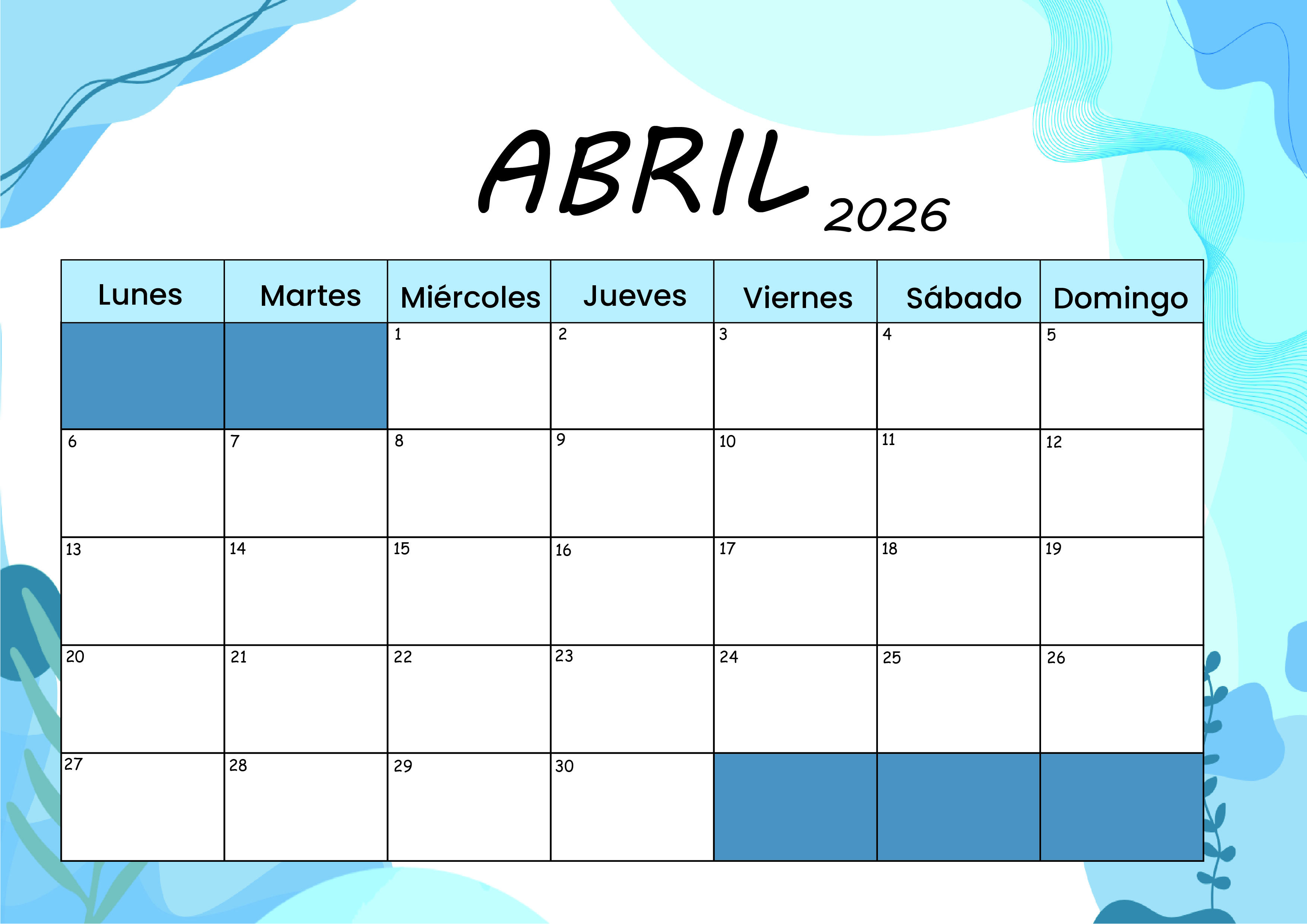 Calendario Abril 2026 para imprimir