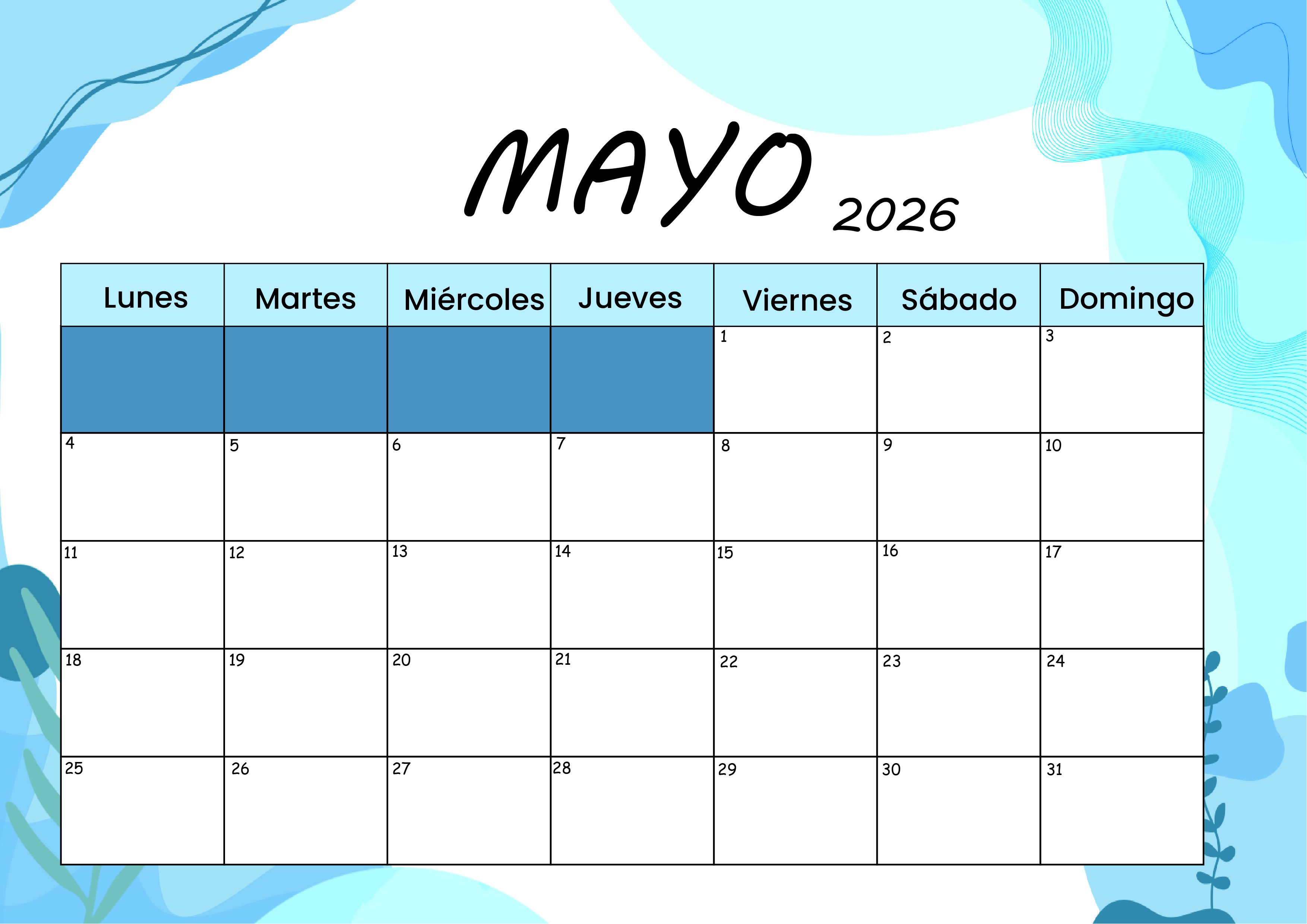 Calendario Mayo 2026 para imprimir