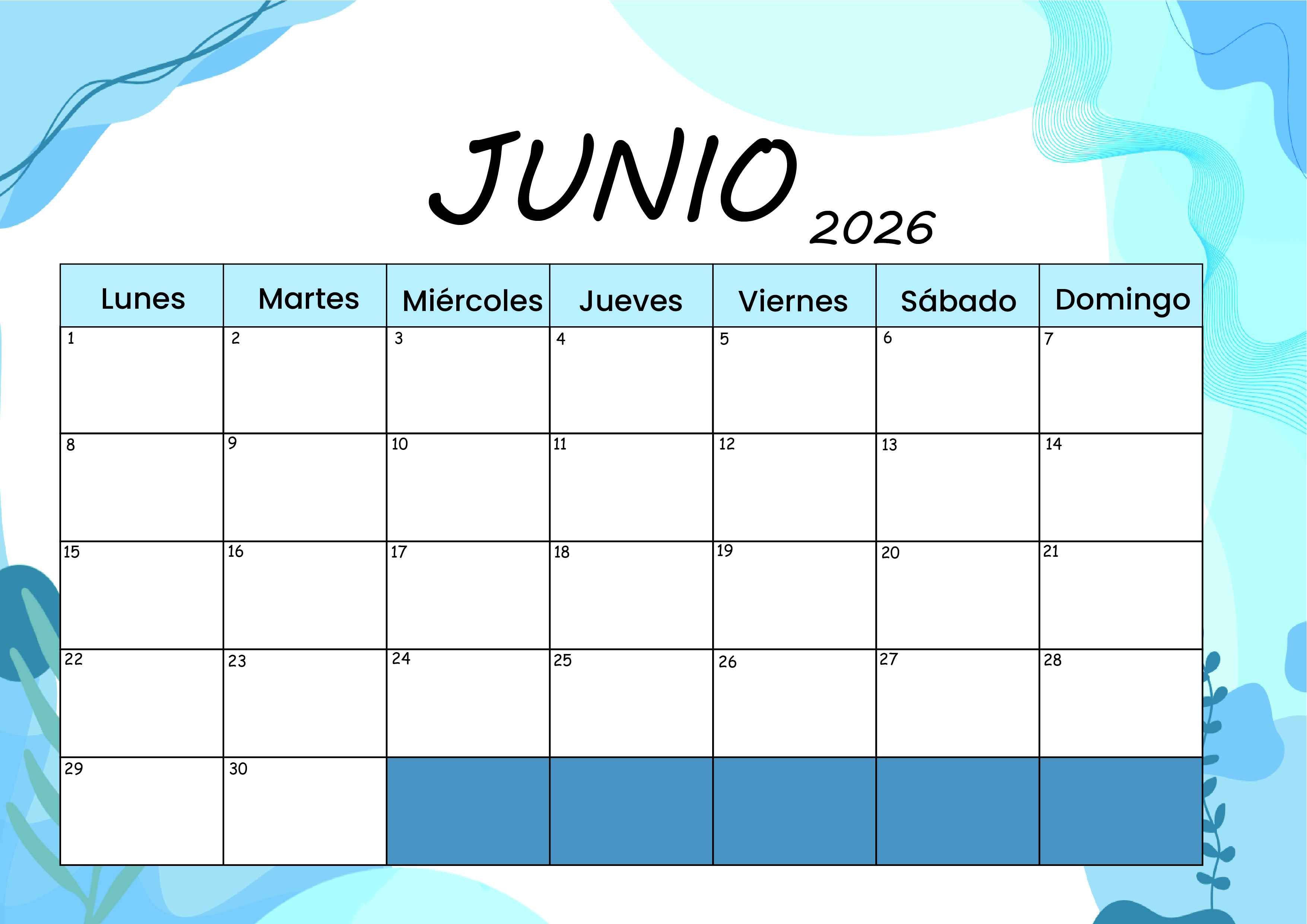 Calendario Junio 2026 para imprimir
