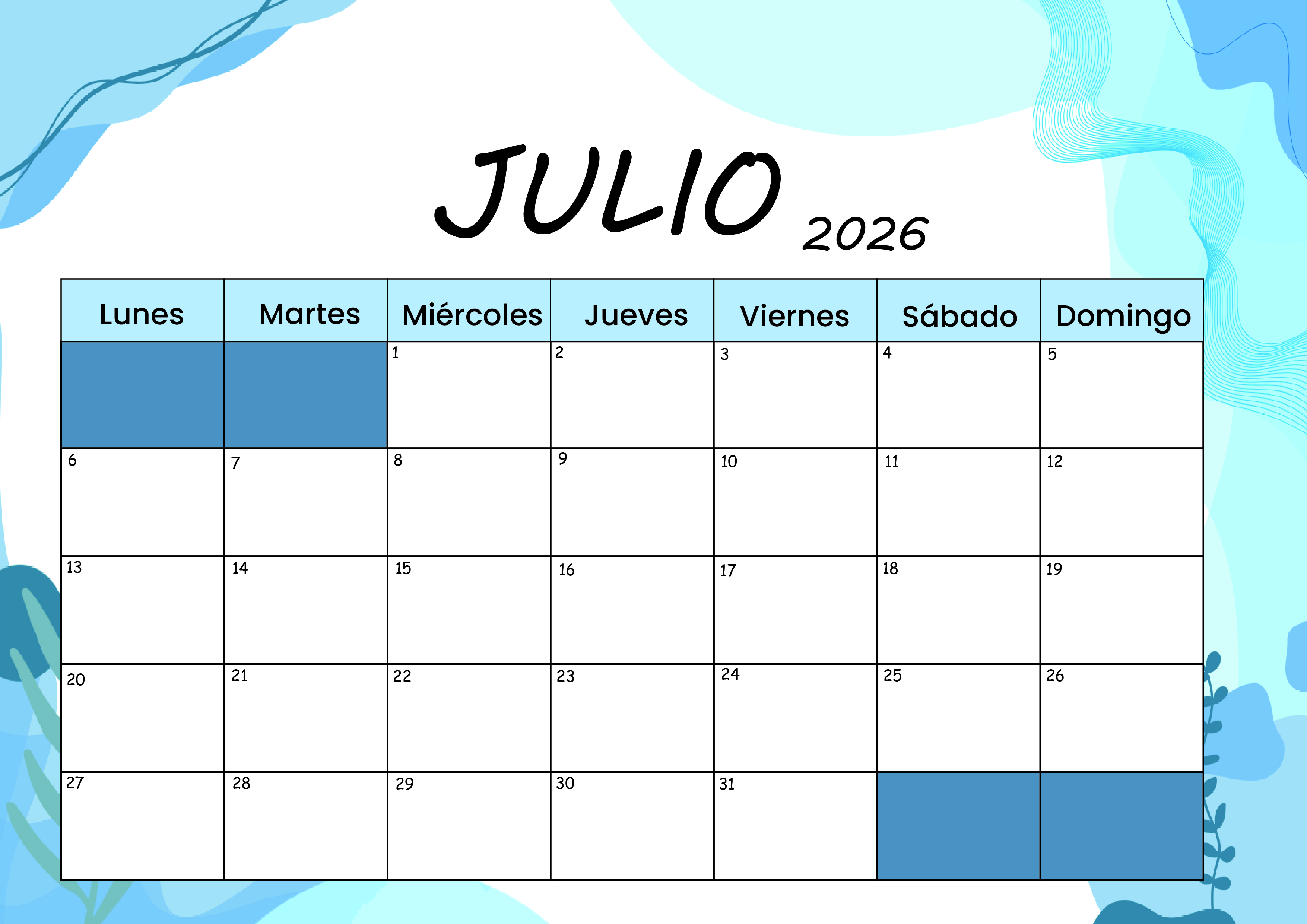 Calendario Julio 2026 para imprimir