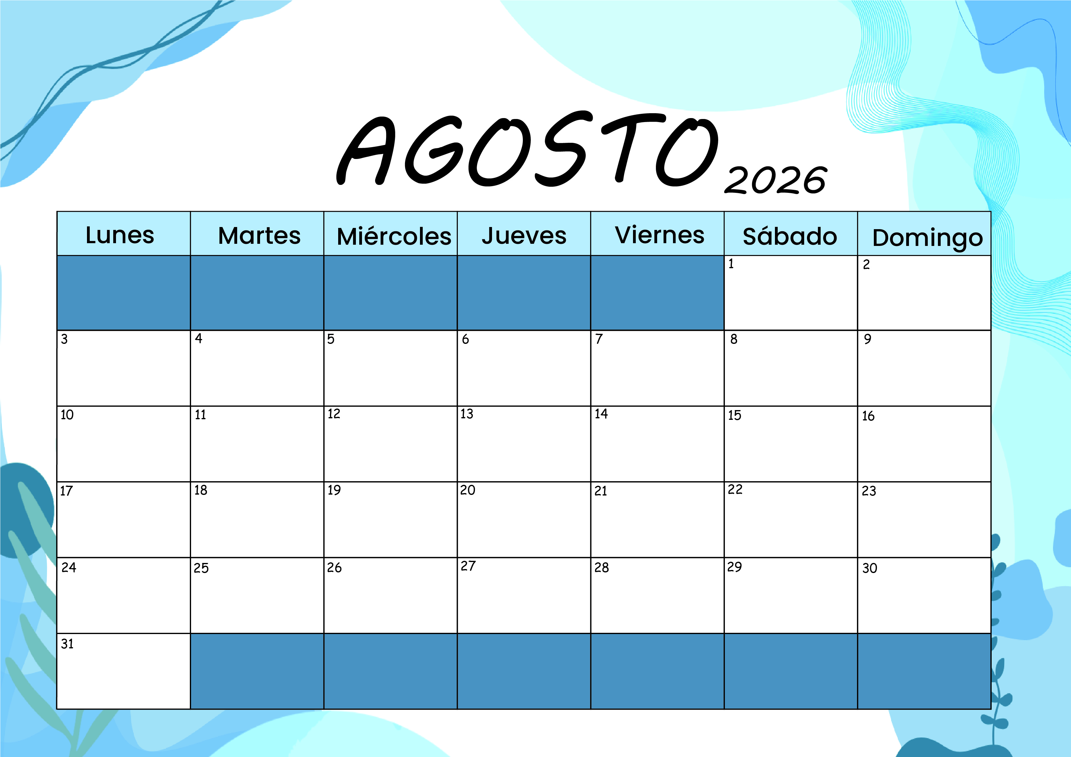 Calendario Agosto 2026 para imprimir