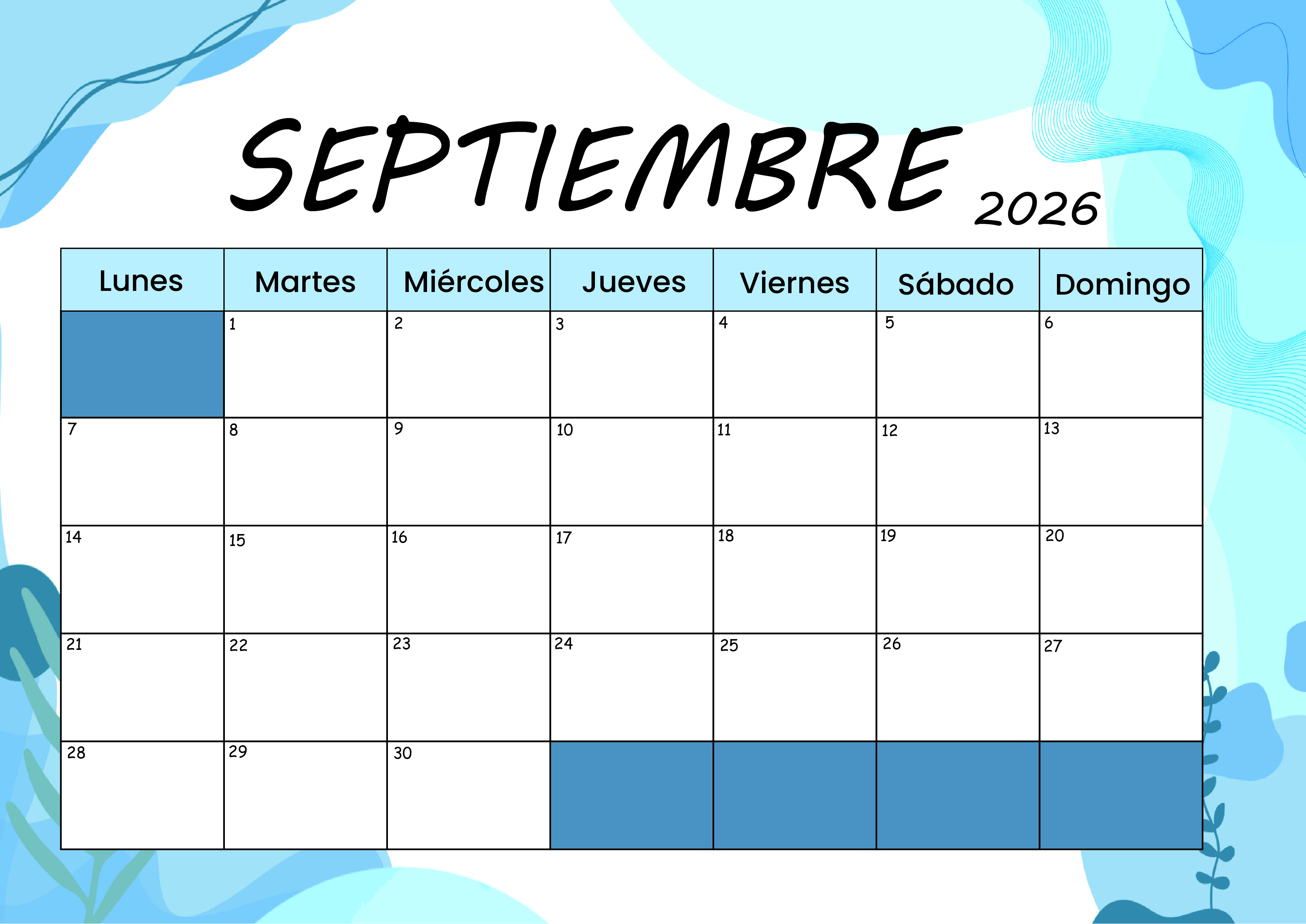 Calendario Septiembre 2026 para imprimir