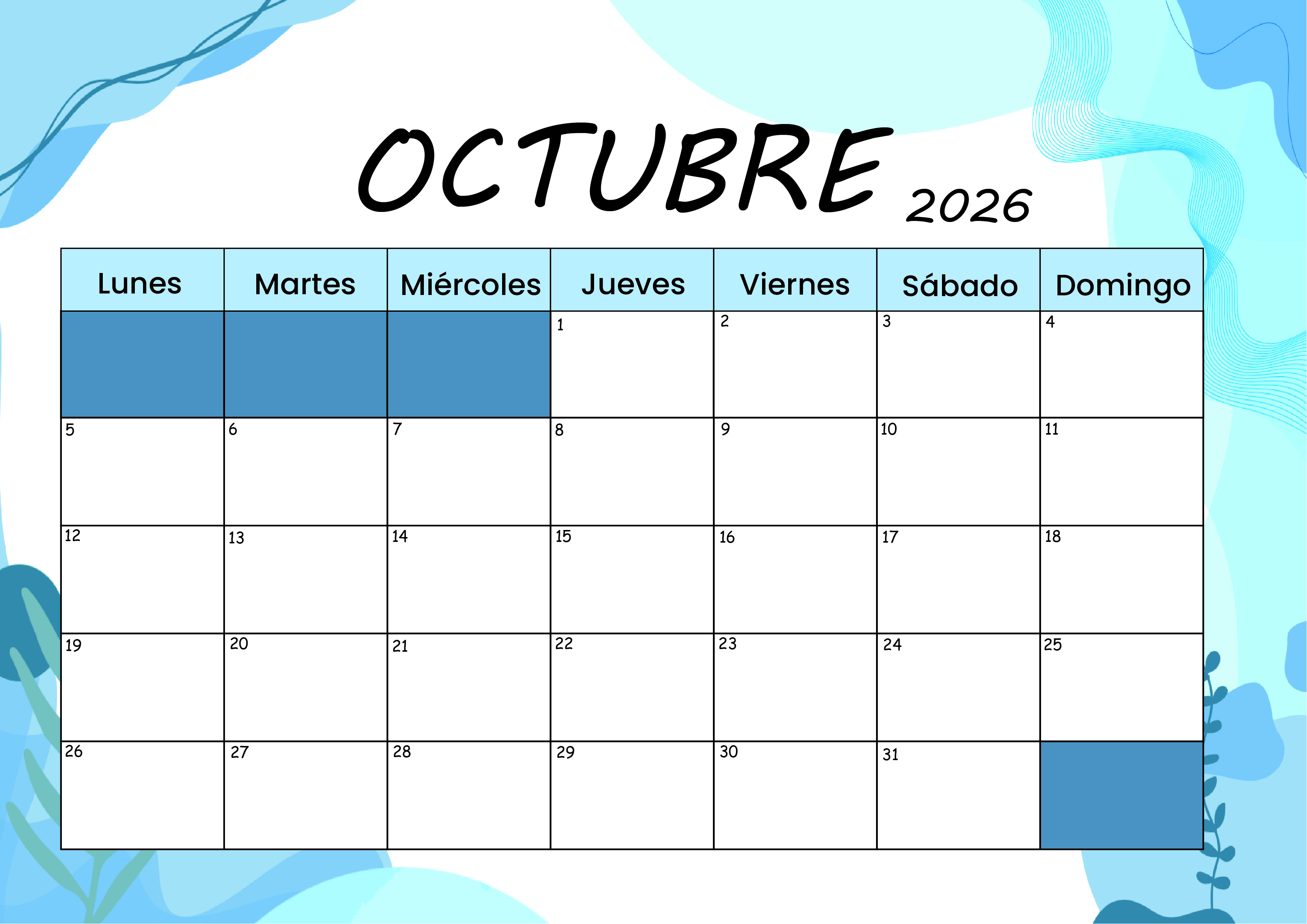 Calendario Octubre 2026 para imprimir