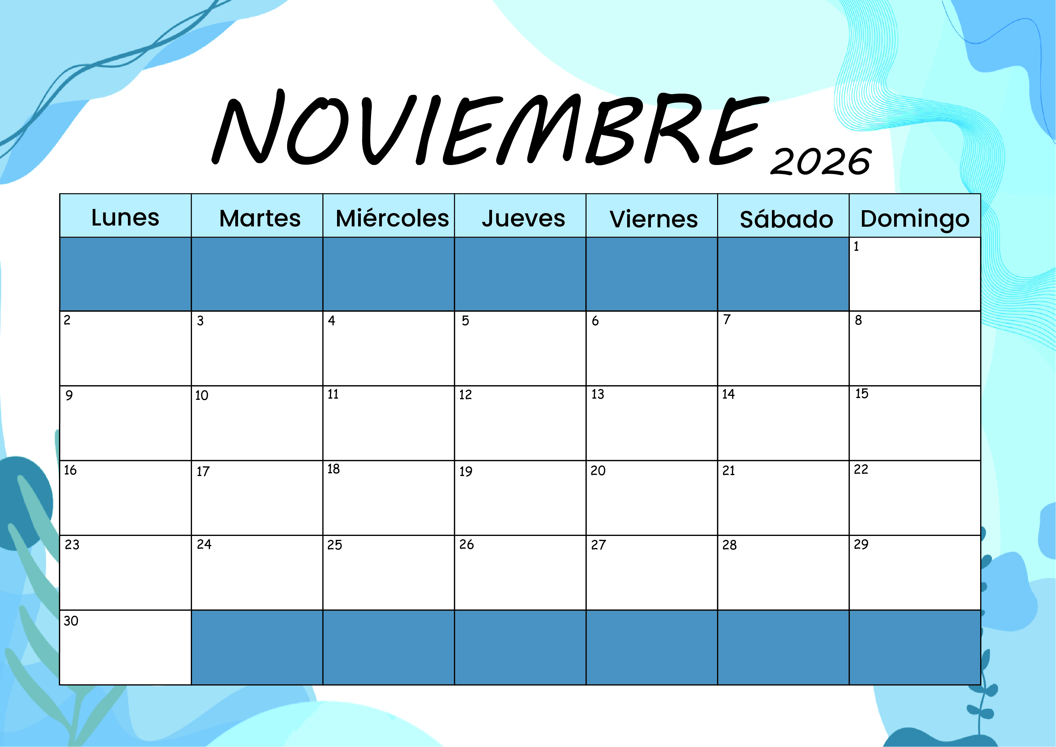 Calendario Noviembre 2026 para imprimir