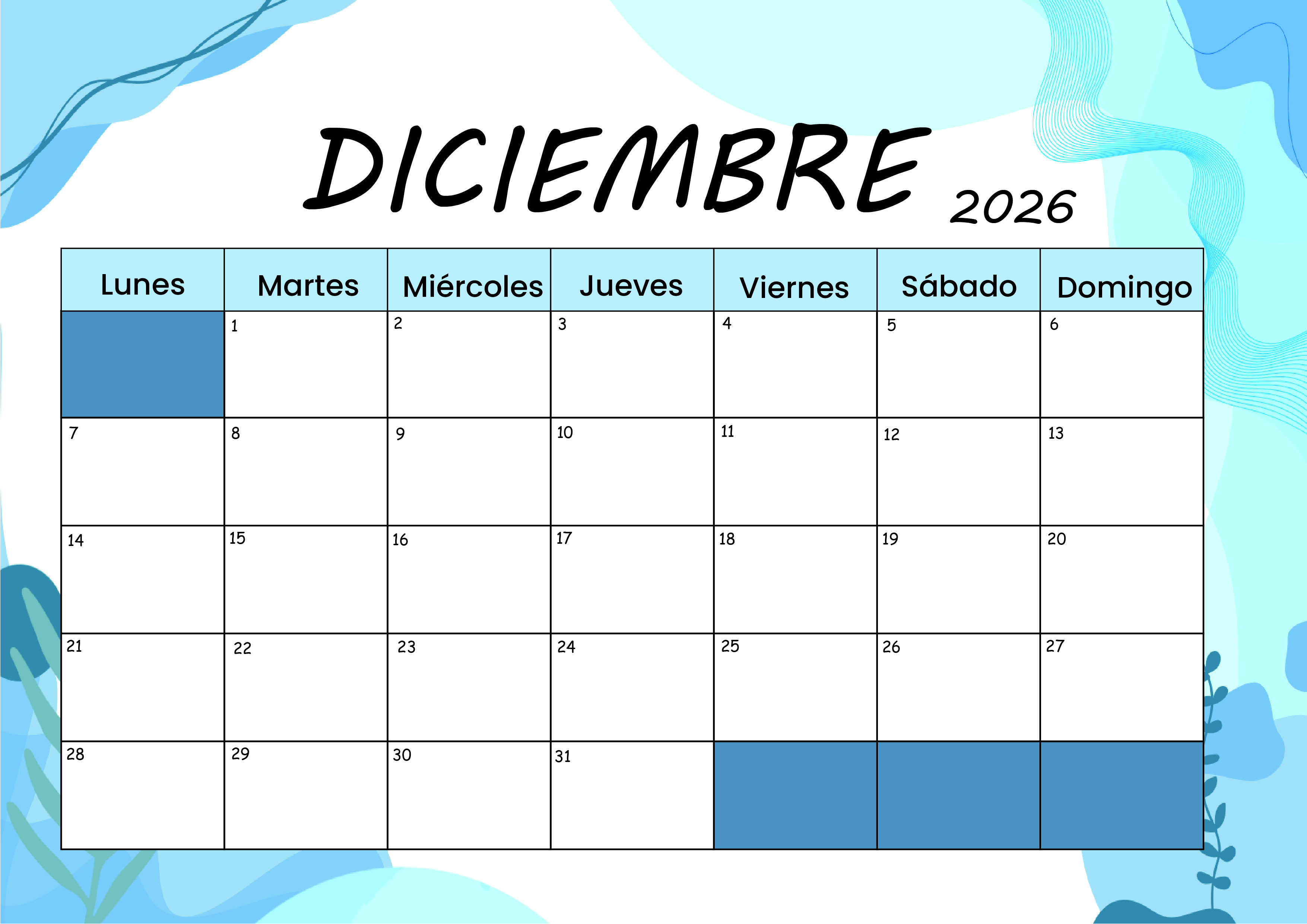 Calendario Diciembre 2026 para imprimir