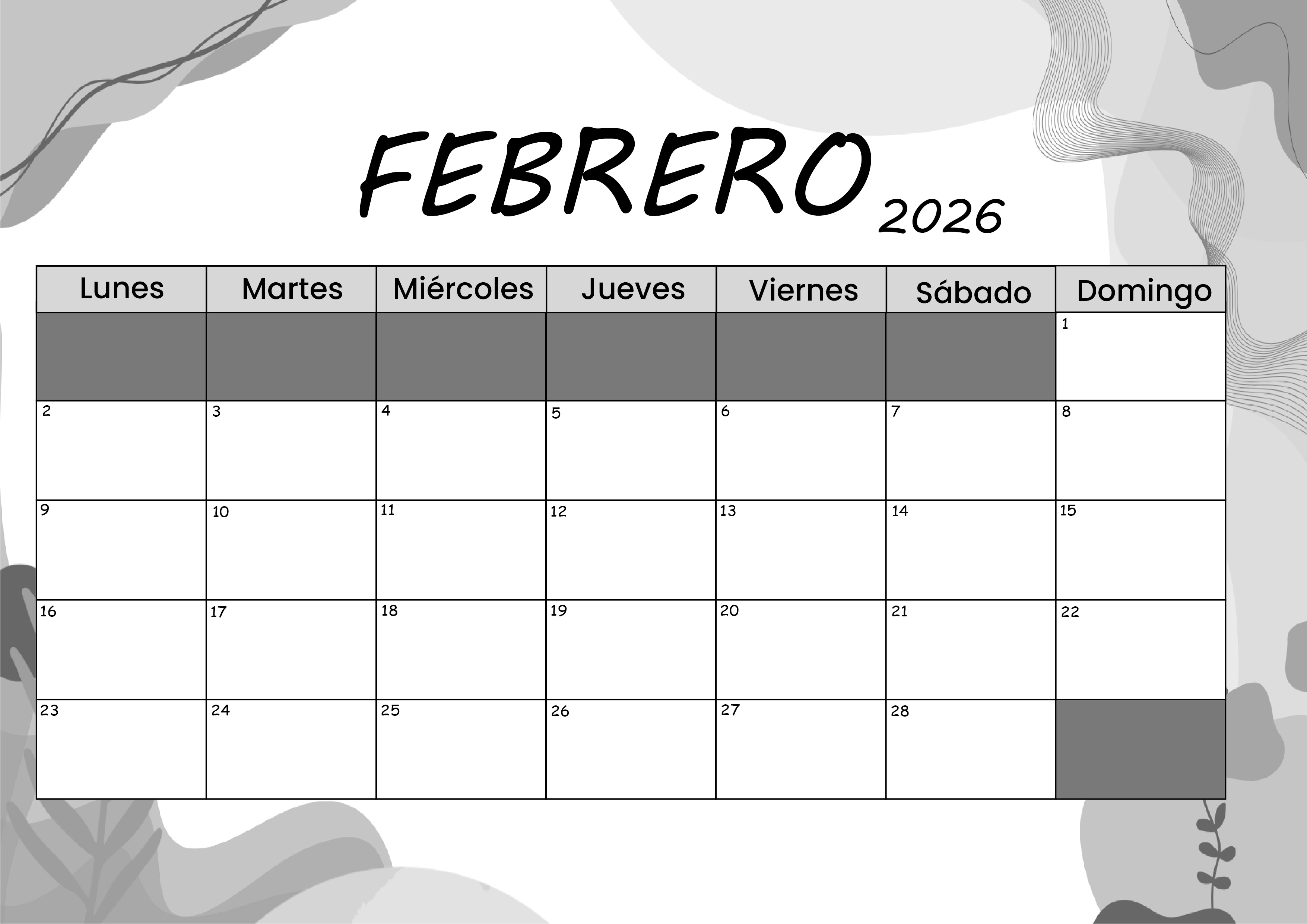 Calendario Febrero 2026 para imprimir