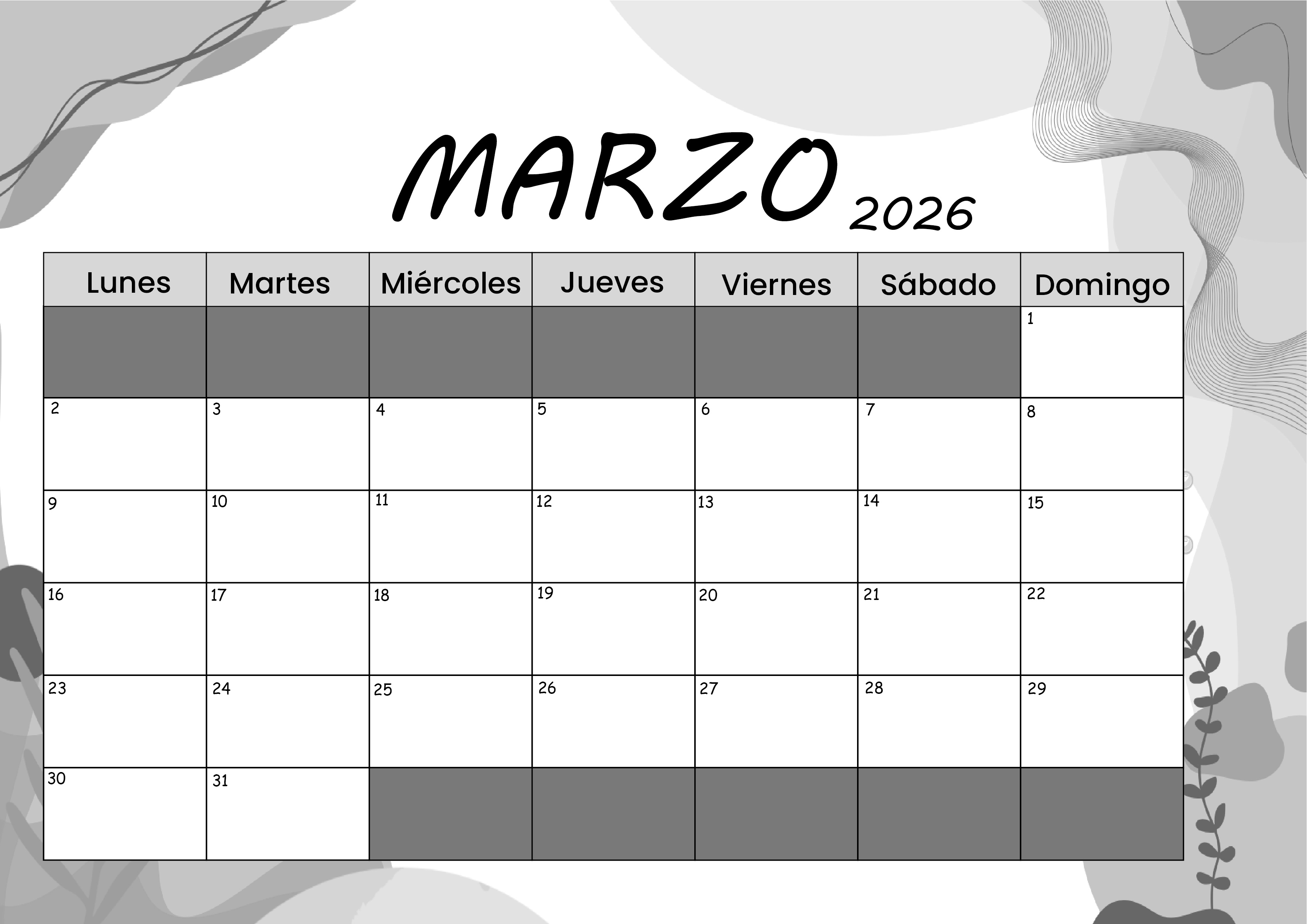 Calendario Marzo 2026 para imprimir