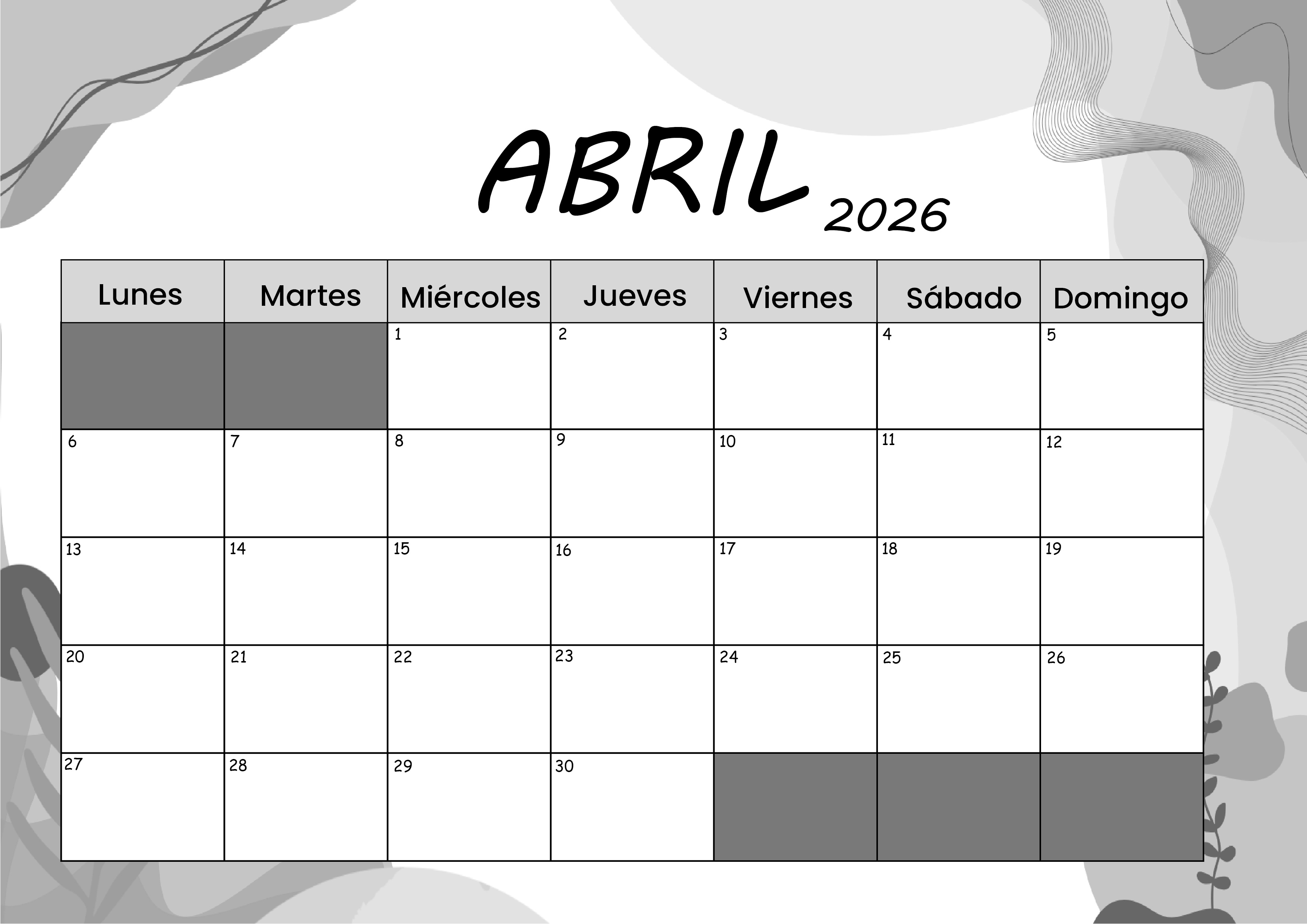 Calendario Abril 2026 para imprimir
